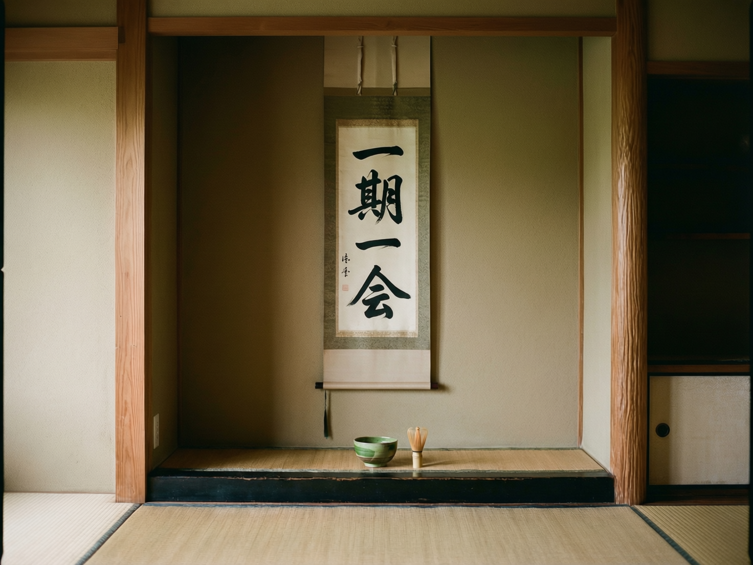 图中展示了一个宁静的日式茶室空间，中心是一个传统的壁龛。壁龛正中悬挂着一幅竖式书法卷轴，上面用黑色毛笔书写着“一期一会”四个大字，笔触苍劲有力。卷轴下方是一个略微抬高的木质平台，上面铺着榻榻米，并摆放着一个绿色的陶瓷茶碗和一把木质茶筅。整个场景以米色、浅棕色和木色等大地色调为主，营造出一种禅意和极简主义的氛围。光线从左侧柔和地射入，在墙面上投下淡淡的阴影。

在 AI 生成的细节方面，存在一些明显的逻辑缺陷：首先，书法卷轴顶部的挂绳与上方的横梁连接方式模糊，显得不够自然；其次，卷轴底部的轴头左侧多出了一根不明意义的黑色细绳垂下，与传统形制不符；最明显的缺陷在于右侧的木柱，其纹理呈现出一种不自然的、类似融化的波浪状褶皱，缺乏真实木材的质感。此外，左侧墙壁底部出现了一个模糊的白色方块，疑似未处理完整的电源插座或素材残留。
