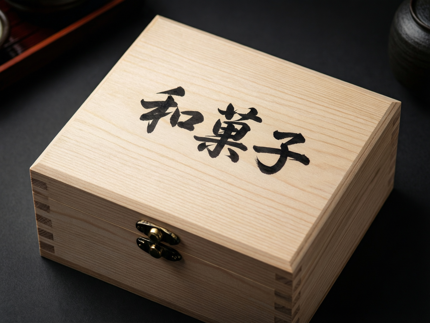 图中展示了一个放置在深黑色背景上的浅色木质礼盒，呈现出一种极简且高级的质感。木盒表面有着清晰细腻的天然木纹，盒盖中心印有黑色的书法字体“和菓子”。木盒的边缘采用了传统的榫卯结构连接，正面配有一个古铜色的金属锁扣。光线从左上方柔和地打在盒子上，形成了自然的阴影，背景边缘隐约可见茶具的轮廓。在 AI 生成的细节方面，画面存在一些逻辑瑕疵：木盒正面的金属锁扣结构模糊且不对称，看起来像是两个重叠的零件，缺乏实际的开合功能；此外，木盒侧面的榫卯齿状分布在转角处显得不够严丝合缝，部分纹理在边缘衔接处略显生硬。总体而言，画面营造了一种宁静的日式美学氛围。