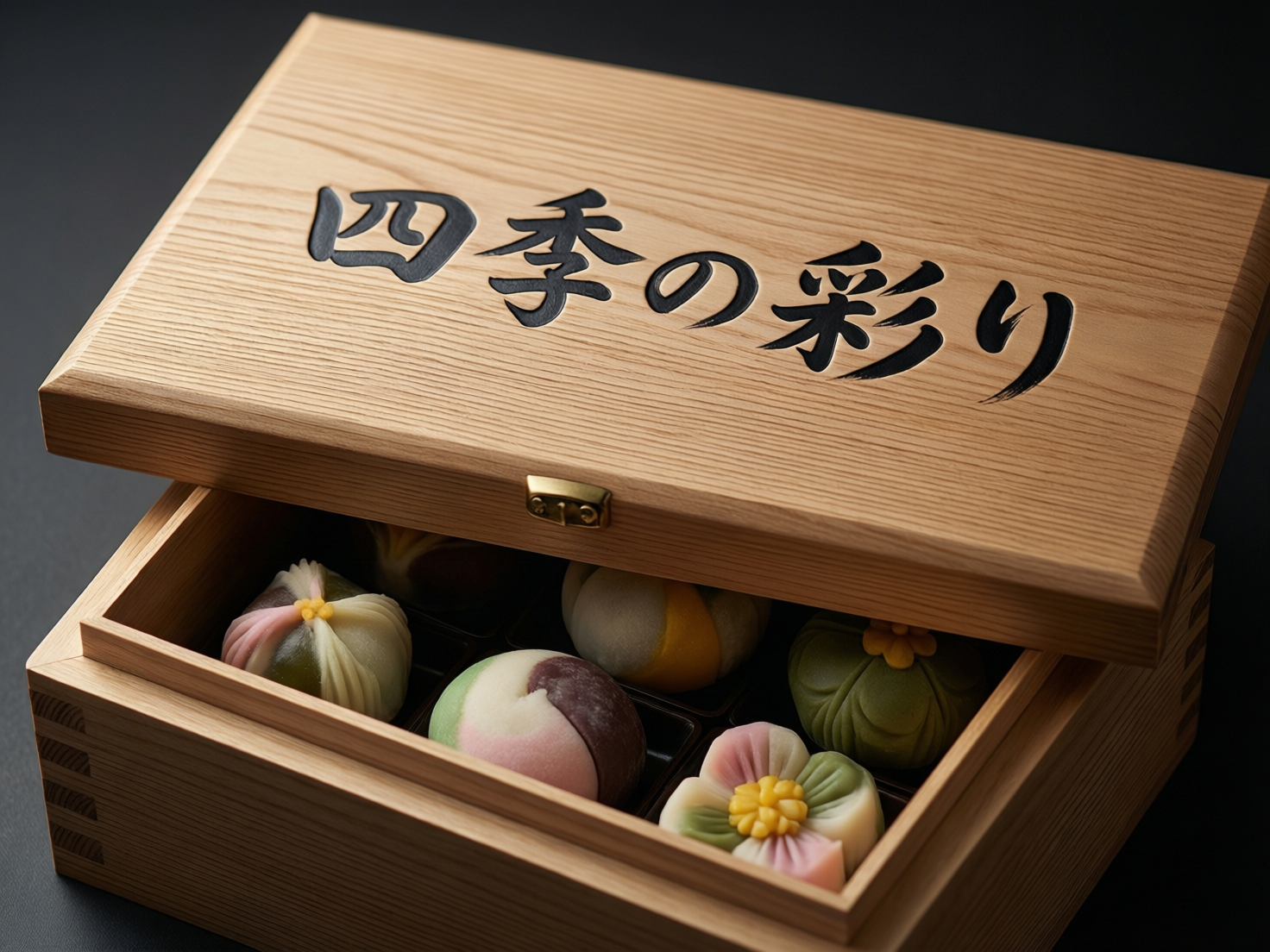 图中展示了一个浅色木质礼盒，盒盖半开，露出内部精美的日式和果子。木盒质感细腻，纹理清晰，盒盖上刻有黑色的日文书法字体“四季の彩り”，意为“四季之彩”。盒内整齐摆放着数枚造型各异的和果子，颜色涵盖了淡粉、嫩绿、深紫和明黄，形状模仿了花瓣、果实和布兜，展现出浓郁的季节感。整体构图采用斜侧视角，背景为纯黑色，突出了木盒的质感与点心的精致。在 AI 生成的细节方面，存在明显的逻辑缺陷：木盒前方的金属搭扣位置异常，它悬浮在盒盖边缘，却在下层盒体上没有对应的锁扣结构；此外，盒盖左侧的厚度与右侧不完全对称，且最前方的几枚点心在光影衔接上略显生硬，缺乏真实物理空间的自然阴影。