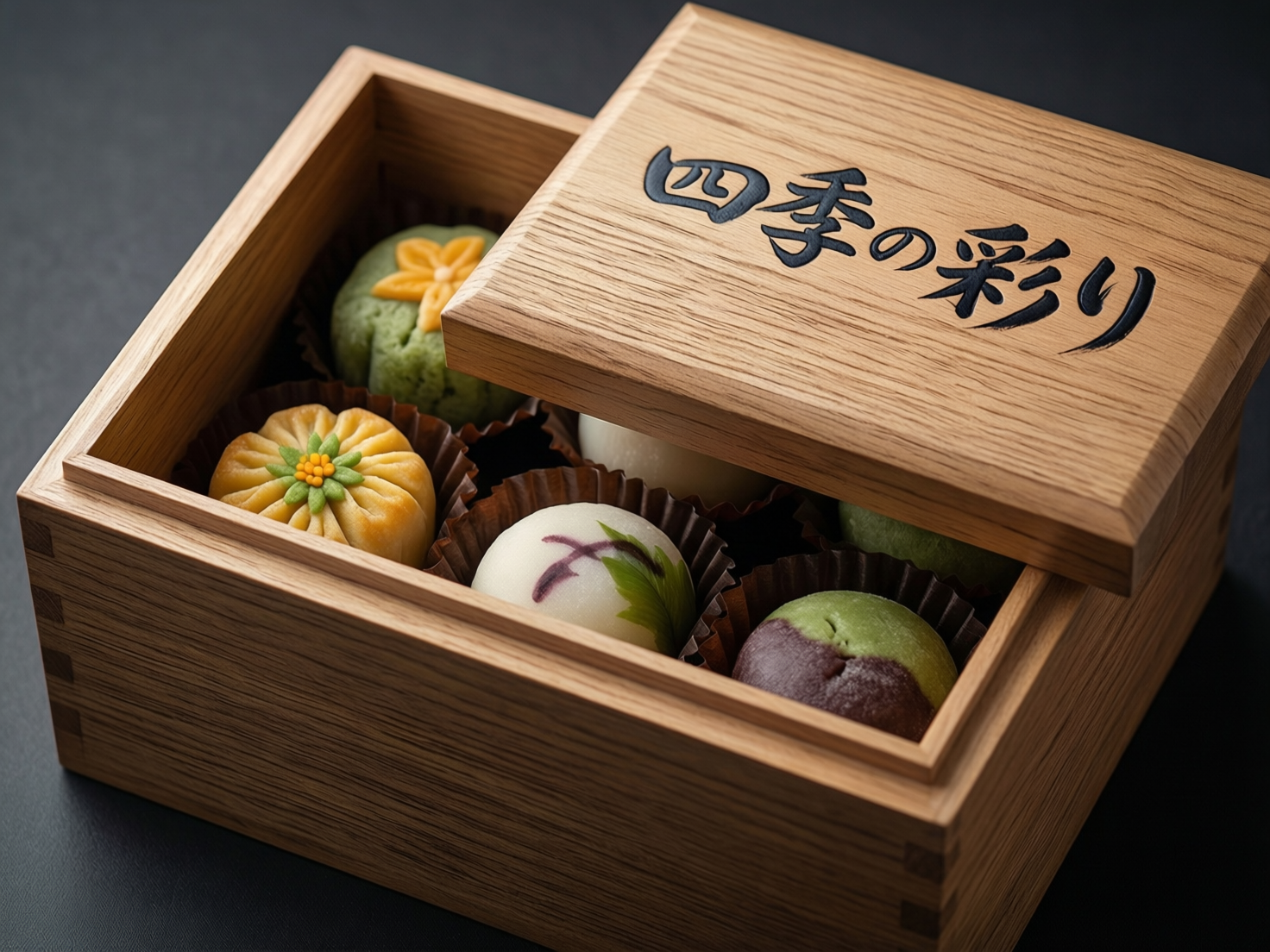 画面中展示了一个浅色木制礼盒，盒盖半开，露出里面整齐摆放的日式和菓子。木盒纹理清晰，盒盖上印有黑色的日文书法字样“四季の彩り”。盒内装有六枚造型各异的点心，包括淡黄色的菊花造型、点缀着紫色花纹的白色糯米团，以及深紫色与绿色拼接的圆球状点心，色彩温润典雅，呈现出一种精致的禅意美学。背景为深灰色，衬托出木盒的质感。作为 AI 生成的图片，画面存在明显的逻辑缺陷：木盒的盖子与盒身的透视关系不自然，盖子似乎悬浮在盒缘之上，缺乏真实的物理支撑点；此外，盒盖上的日文字符虽然形态接近，但笔画细节略显生硬，且盒内右侧被遮挡的点心形状模糊，与前排清晰的纹理形成不协调的对比。