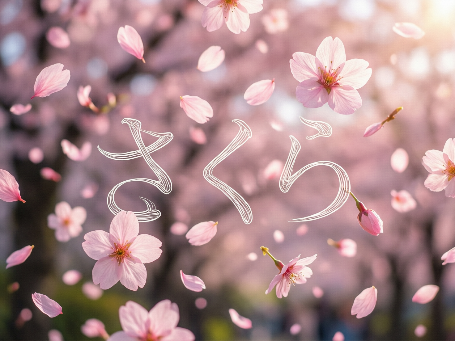 图中展现了一个充满浪漫气息的樱花盛开场景。画面以柔和的粉红色调为主，背景是模糊的樱花树林，阳光从右上角透射进来，营造出一种梦幻的光晕效果。在画面的前景和中景，许多粉色的樱花瓣和完整的花朵正随风飘落，呈现出动态的轻盈感。画面正中央是用白色线条勾勒出的日文平假名“さくら”（Sakura，意为樱花），字体风格飘逸，仿佛由细丝缠绕而成。

在 AI 生成的细节方面，存在一些明显的逻辑缺陷：部分花瓣的形状过于尖锐或扭曲，不符合自然生长规律；画面右侧的一朵花蕾直接连接在文字线条的末端，显得非常突兀且不合常理；此外，背景中的光斑与前景花瓣的遮挡关系略显混乱，部分花瓣边缘出现了不自然的虚化，文字的线条结构也存在多处断裂和重叠，显示出 AI 在处理复杂图文融合时的局限性。