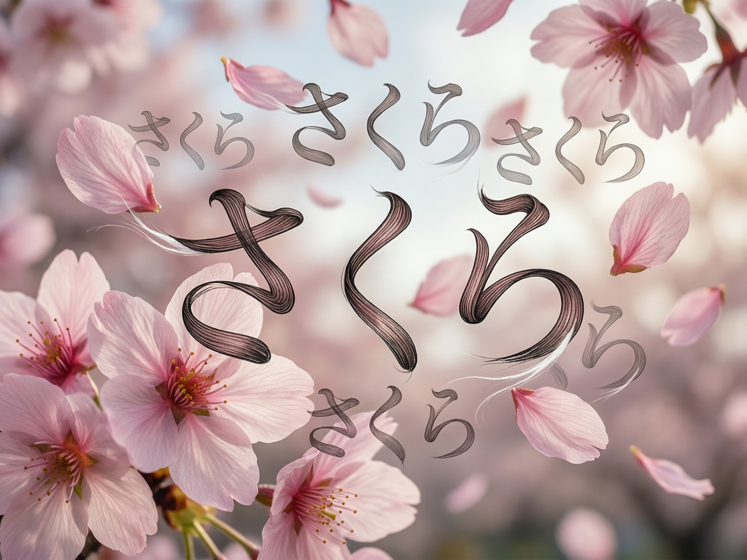 画面中呈现了一幅以盛开的粉色樱花为背景的艺术影像。构图采用浅景深效果，前景和背景中点缀着大量娇嫩的粉色花瓣，有的挂在枝头，有的在空中轻盈飘落，整体色调柔和、明亮，充满了春天的气息。画面中央悬浮着多组深灰色的日文平假名“さくら”（意为樱花），这些文字采用了独特的艺术化处理，笔画呈现出如同发丝或纤维般的细腻纹理，并带有飘逸的流苏效果。

作为 AI 生成的图像，画面存在明显的逻辑缺陷：首先，文字的笔画结构不规范，部分字符出现了扭曲和笔画融合，且文字末端长出的白色细丝与花瓣的连接方式显得生硬且不合常理。其次，画面左侧的花瓣边缘出现了不自然的重叠和模糊，部分花蕊的形态过于杂乱，缺乏真实的植物解剖结构。此外，背景中光影的分布略显混乱，导致空间感在文字与花卉之间产生了透视上的错位。