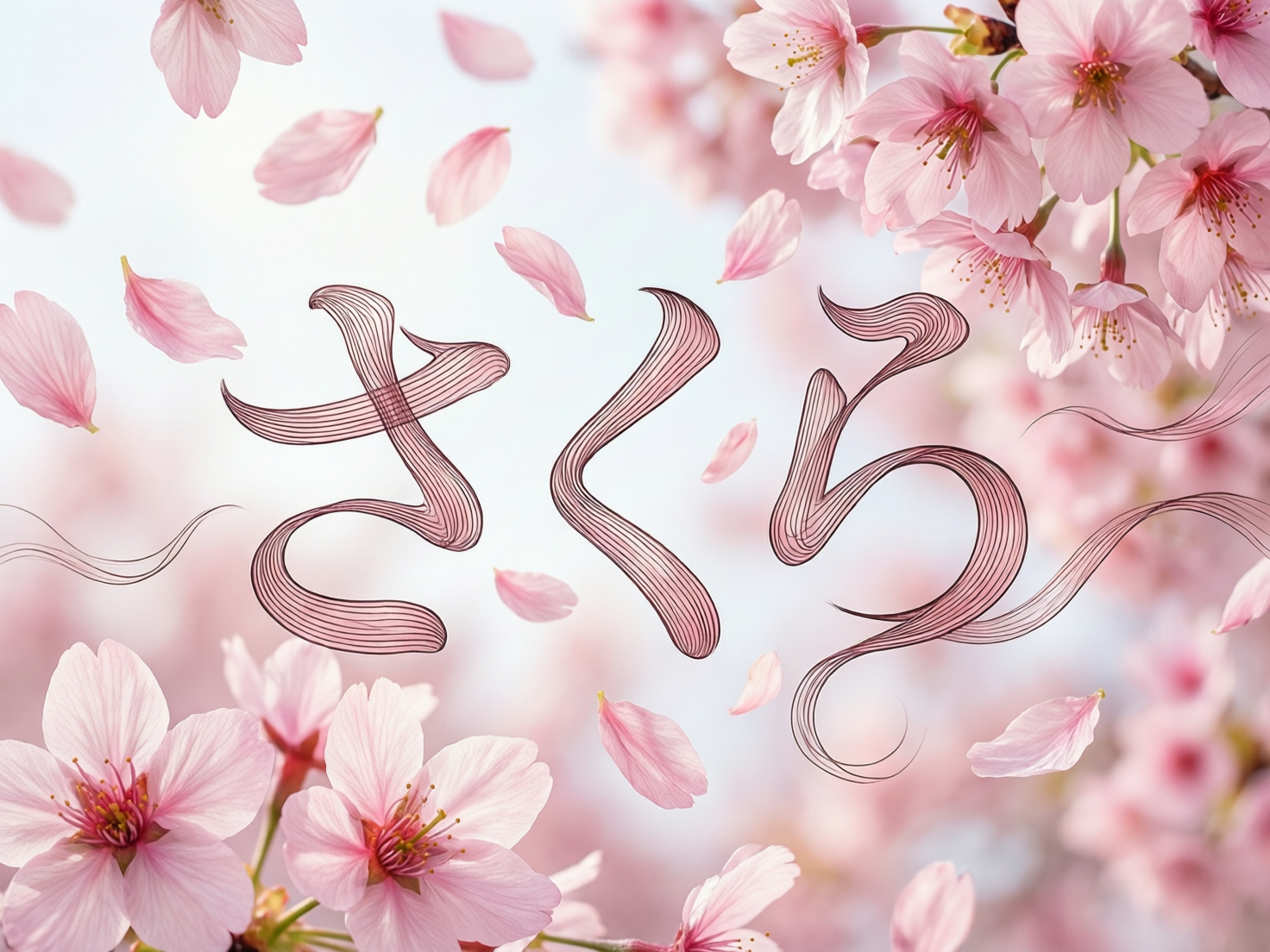 图中展示了一个充满春天氛围的唯美场景，主题为盛开的粉色樱花。画面中心是三个由深粉色线条勾勒出的日文平假名“さくら”（意为樱花），字体风格独特，内部填充了密集的平行细线，呈现出如同丝绸飘动般的质感。背景和前景布满了娇嫩的粉色樱花，有的成簇绽放，有的化作轻盈的花瓣在空中飞舞。整体色调清新柔和，以淡粉、浅白和微蓝为主，构图具有明显的景深效果，前后的花朵略显模糊，增强了立体感。在 AI 生成的细节方面，可以观察到文字线条的交汇处略显生硬，部分飘落花瓣的边缘与背景融合得不够自然，且右侧字母末端的延伸线条呈现出一种不规则的纠缠感，略微违背了真实的物理逻辑，但整体视觉效果依然优美和谐。