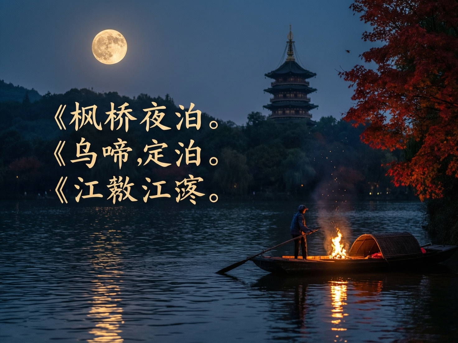 图中描绘了一幅充满古风意境的深夜水乡景色。画面左上方悬挂着一轮明亮的圆月，月光洒在微波粼粼的湖面上。右侧近景处，一艘带顶篷的小木船静静漂浮，船头燃起一团明亮的篝火，火光映红了水面。一名戴着斗笠的渔夫正站在船上撑篙。背景是深色的山峦剪影和一座高耸的五层古塔，右侧还有一株红枫在夜色中显得格外鲜艳。画面左侧浮现着三行黄色的手写体文字，内容似乎在模仿唐诗，但存在明显的 AI 生成缺陷：文字逻辑混乱，出现了如“乌啼,定泊”、“江熬江滚”等不符合诗词常理且字形怪异的词组，标点符号的使用也极不规范。此外，船上的篝火直接在木质甲板上剧烈燃烧，缺乏物理真实感，且渔夫撑篙的姿势与水面的受力关系略显生硬，是典型的 AI 图像生成痕迹。