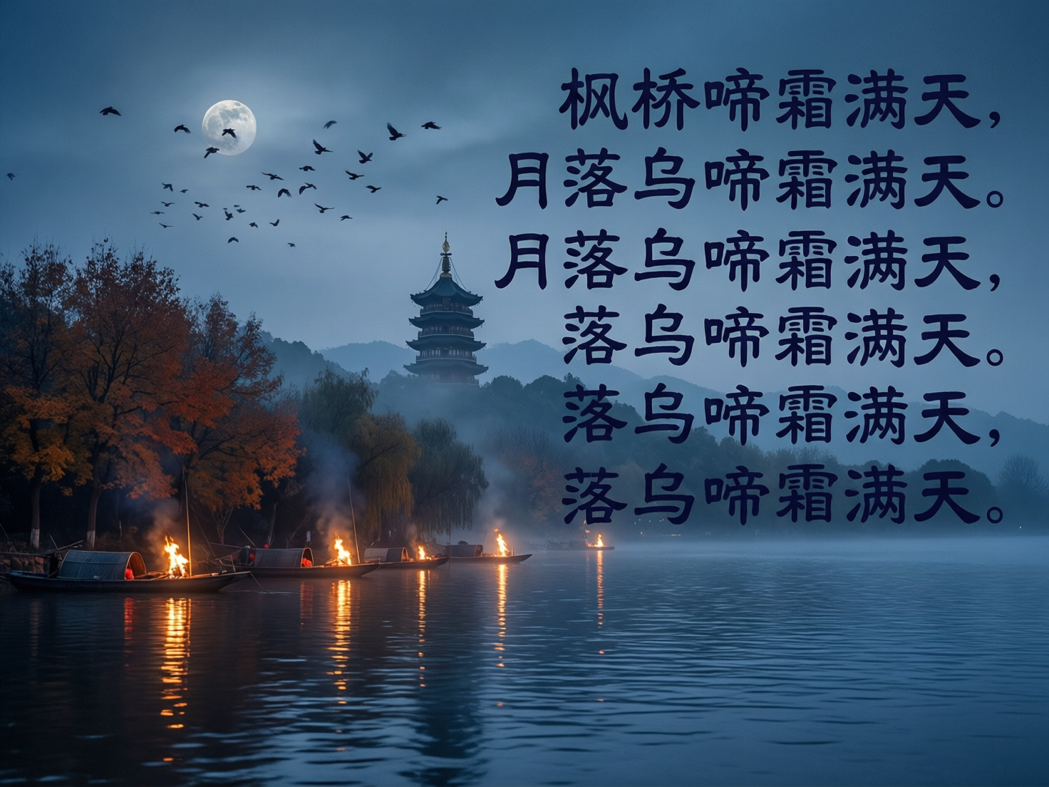 图中描绘了一幅充满诗意的中式水乡夜景。画面左侧是静谧的湖面，几艘带有顶篷的小船停泊在岸边，船头燃着明亮的篝火，火光在深蓝色的水面上投下橙色的倒影。岸上矗立着几棵秋意浓浓的红叶树，远处的迷雾中隐约显现出一座多层古塔和连绵的山峦。天空中挂着一轮圆月，一群飞鸟正掠过月亮向右方飞去。画面右侧占据了约一半的空间，纵向排列着多行深蓝色的书法字体，内容反复出现了“月落乌啼霜满天”等诗句。

在 AI 生成的细节方面存在明显缺陷：首先，右侧的文字内容逻辑混乱，出现了“枫桥啼霜满天”这种错误的诗句组合，且同一句子多次重复，排版机械。其次，天空中飞鸟的形态比较模糊，部分鸟类的翅膀结构不自然。此外，船上的火源看起来像是直接在木质船板上剧烈燃烧，缺乏合理的避火设施，且火苗的形态略显生硬，与周围环境的透视关系不够严谨。