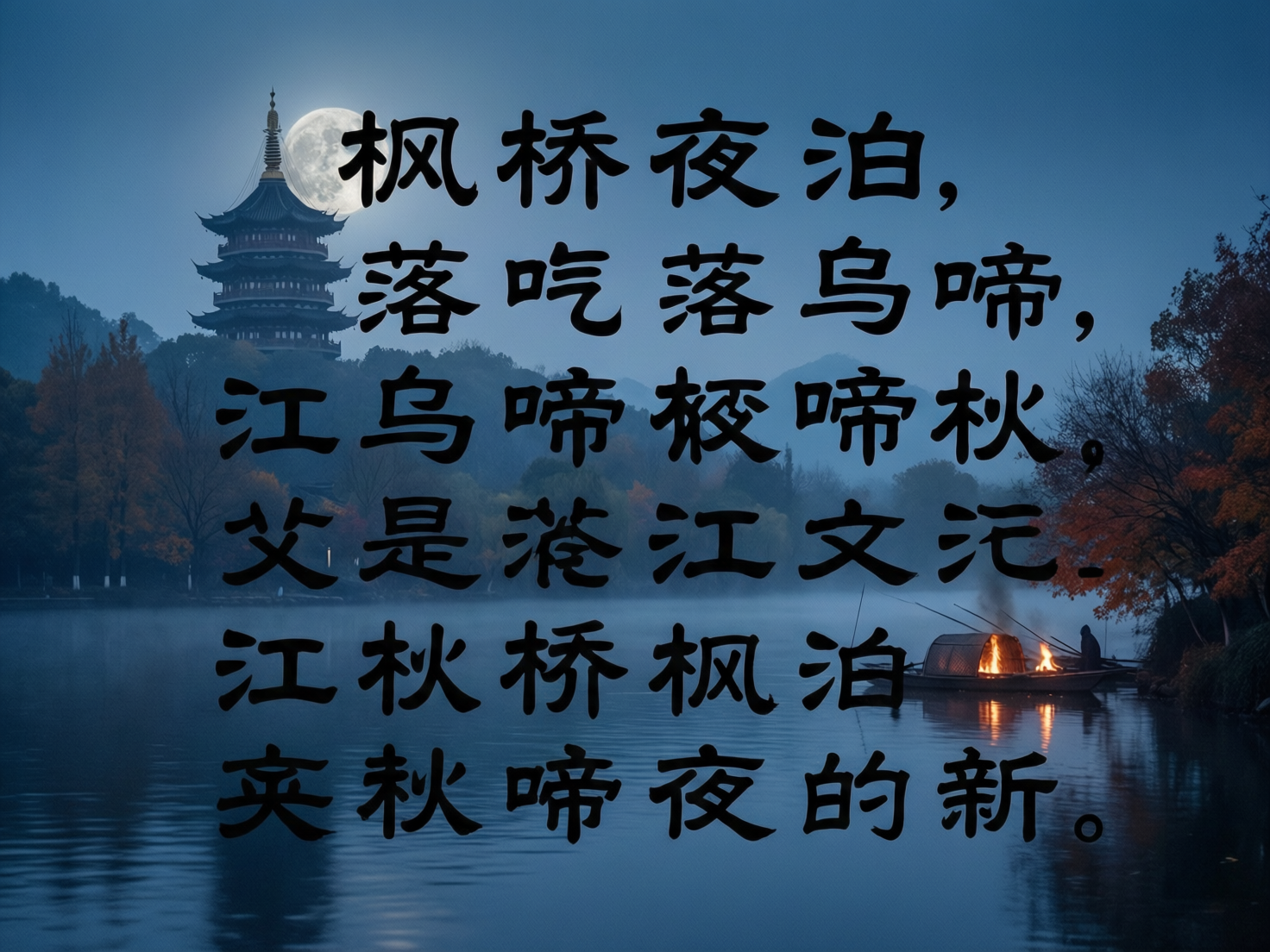 图中描绘了一幅充满诗意的中式秋夜水乡画卷。背景是深蓝色的夜空，一轮巨大的圆月悬挂在左侧，月光映照着一座多层古塔的轮廓。画面中央是平静的湖面，泛着淡淡的薄雾，右侧停靠着一艘亮着温暖火光的乌篷船，岸边点缀着红黄相间的秋季树木。整幅画作以冷调的蓝灰色为主，与船上的橘色火光形成鲜明对比。然而，画面中存在显著的 AI 生成缺陷：最明显的是覆盖在画面中央的大片黑色书法字体，文字内容逻辑混乱，出现了大量重复、错误和无意义的汉字组合（如“落吃落”、“父是浍江”等），完全背离了原本应表达的《枫桥夜泊》诗句。此外，远处的古塔结构略显模糊，船上的火光与水面倒影的衔接也显得不够自然，文字的悬浮感破坏了整体的透视空间。