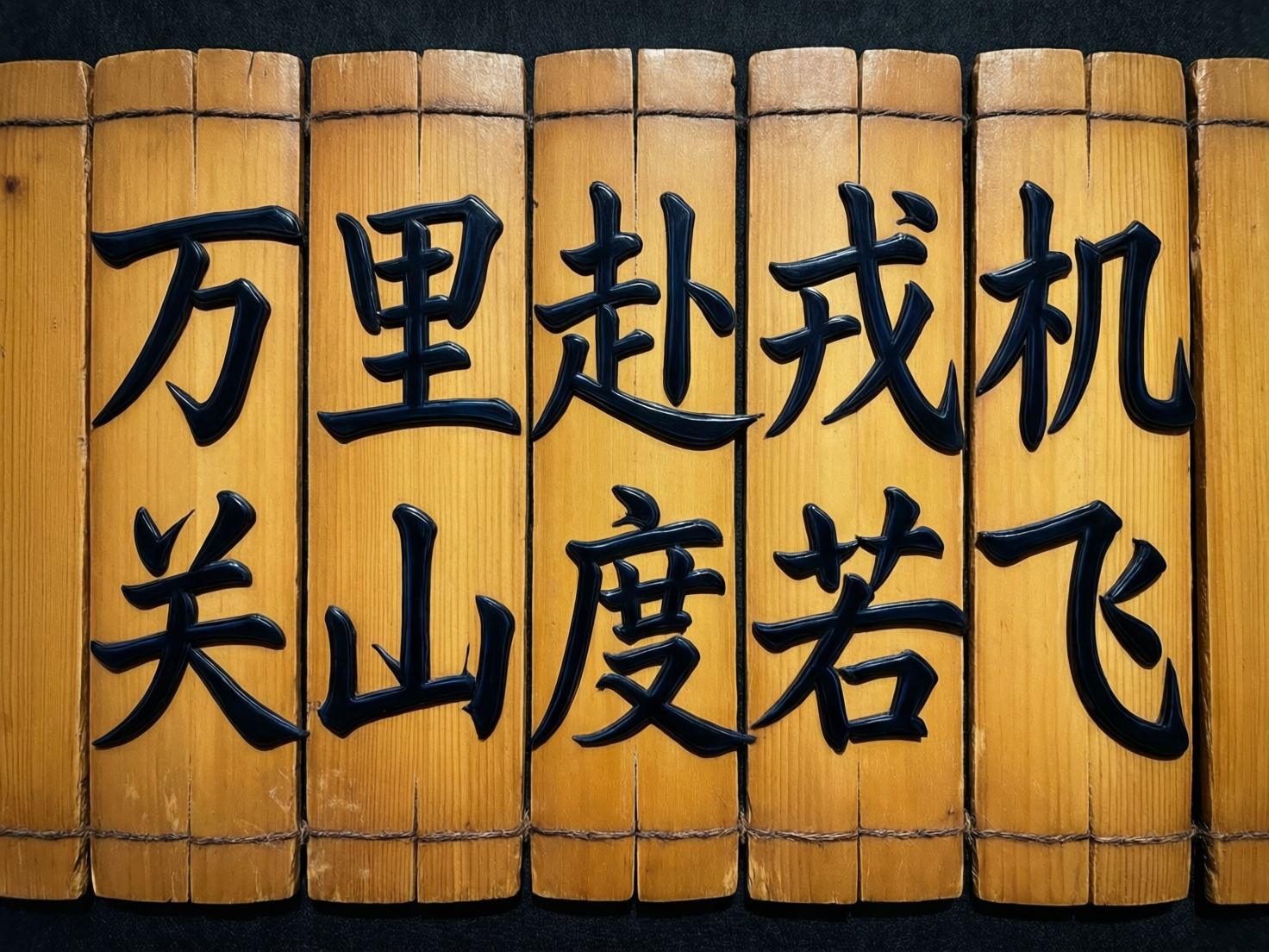 图中展示了一组仿古风格的竹简，背景为深黑色。竹简由五块较宽的浅棕色木板或竹片并排组成，上下两端有细绳缠绕连接的痕迹。每块竹片上刻有两个黑色的立体汉字，文字带有亮面反光质感，仿佛是涂了黑漆。这些文字本应组成《木兰辞》中的名句“万里赴戎机，关山度若飞”，但画面中存在明显的 AI 生成缺陷：文字的排列顺序和结构完全错乱。

从左往右看，第一列是“万关”，第二列是“里山”，第三列是“赴度”，第四列是“戎若”，第五列是“机飞”。这种竖向读取的逻辑导致成语被拆散。此外，部分汉字存在笔画畸形或结构错误，例如“赴”字的走之底与上部连接诡异，“机”字的木字旁比例失调，且文字的立体阴影在不同笔画间表现得不一致，透视关系显得生硬且不自然。整体构图虽然规整，但文字内容的逻辑错误是典型的 AI 幻觉产物。