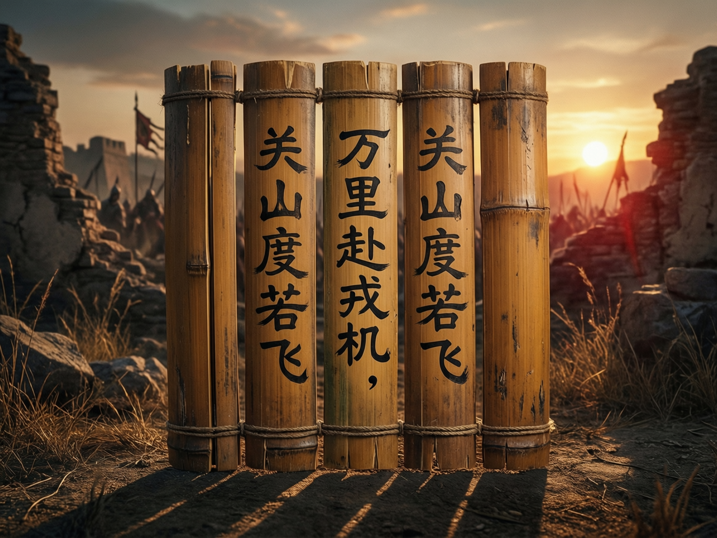 图中展示了一个充满古风意蕴的黄昏战场场景。画面中心是五枚粗大的竹简，由麻绳上下编缀而成，立于荒芜的土地上。竹简表面刻有黑色的行书汉字，内容取自《木兰辞》，中间三枚分别写着“关山度若飞”、“万里赴戎机，”和“关山度若飞”。背景是落日余晖下的古代战场遗迹，可以看到残破的石墙、飘扬的旌旗以及模糊的远征士兵身影，整体色调以温暖的橘黄色和深沉的棕褐色为主，营造出一种苍凉而壮阔的历史感。在 AI 生成的细节方面，存在明显的逻辑错误：左右两枚竹简上的文字“关山度若飞”完全重复，且中间竹简末尾的逗号位置偏低，显得生硬。此外，竹简的排列过于整齐且厚度异常，更像是装饰性的木柱而非真实的古代书写材料，背景中的士兵和旗帜也缺乏清晰的轮廓细节。