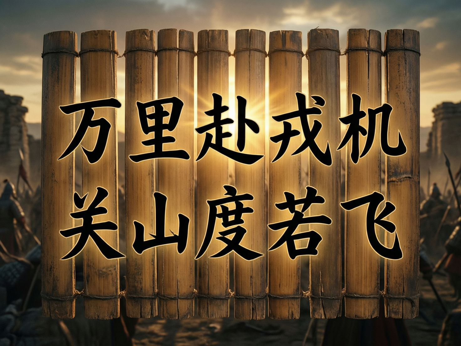 图中展示了一幅极具历史厚重感的画面。主体是由十根粗壮的竹简并排组成的巨大简牍，悬浮在画面中央。竹简上刻有黑色的隶书字体，内容为《木兰辞》中的名句“万里赴戎机，关山度若飞”。背景是黄昏时分苍凉的古战场，夕阳的余晖从竹简缝隙中透射出来，形成耀眼的放射状光芒。两侧隐约可见古代士兵的身影和简陋的营帐，色调以土黄色和深褐色为主，营造出一种悲壮肃杀的气氛。在 AI 生成的细节方面，存在明显的逻辑缺陷：竹简的排列方式不符合古代实物，每根竹简之间似乎是独立悬浮或通过细线简单缠绕，缺乏真实的编联结构；文字虽然清晰，但部分笔画与竹简边缘的融合显得生硬；背景中的士兵形象模糊且比例略显失调，左侧士兵的身体结构存在透视扭曲。