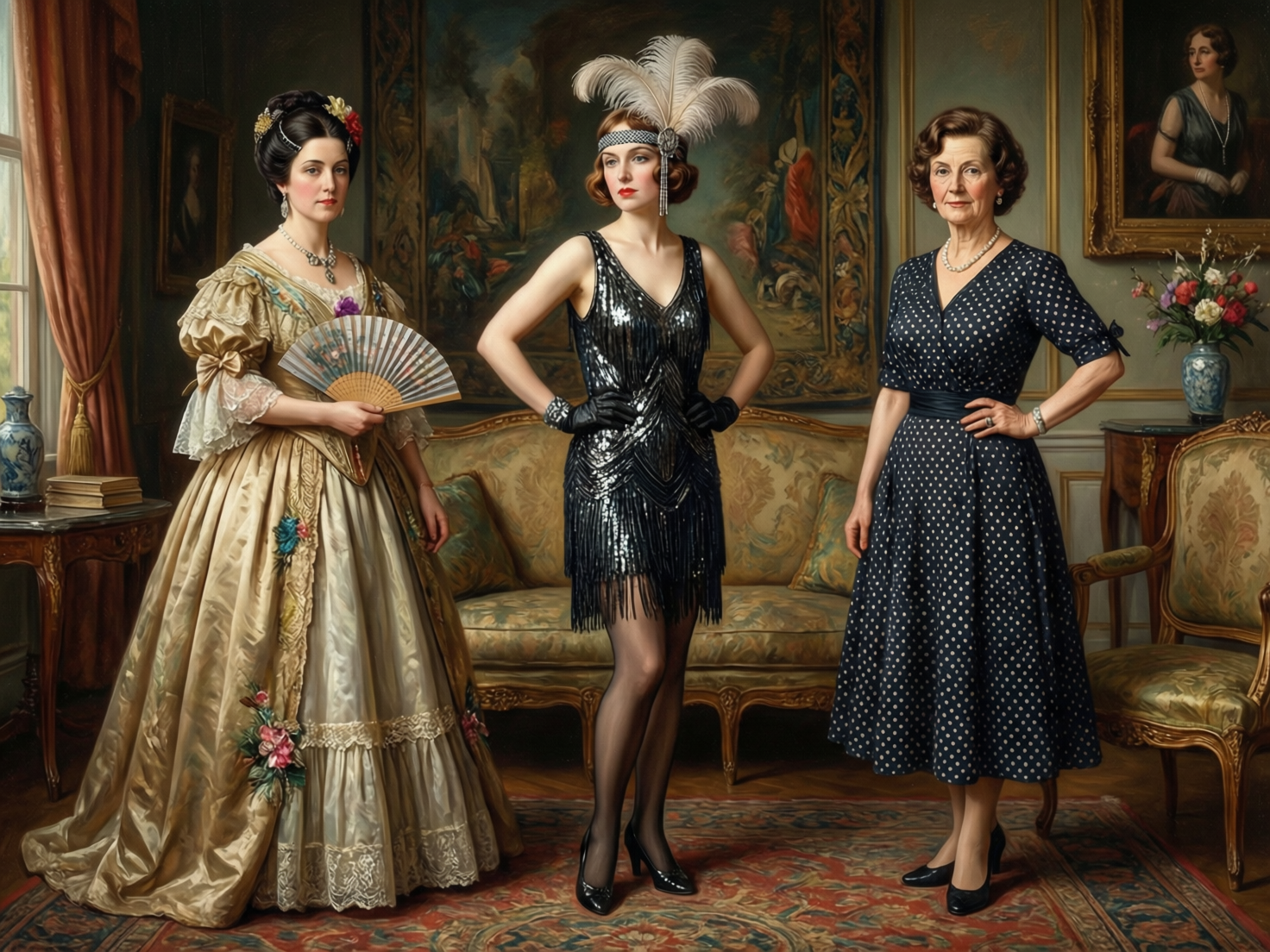 画面中展示了三位身着不同时代服饰的女性，并排站在一间装饰华丽的欧式古典客厅内。左侧女性穿着 19 世纪盛装，金色大摆裙上点缀着花朵，手持折扇；中间女性身着 20 世纪 20 年代风格的黑色亮片流苏裙，头戴夸张的羽毛发饰；右侧女性则穿着 50 年代风格的深蓝色波点连衣裙。背景有古典油画、花纹繁复的沙发和地毯，整体色调典雅深沉。

画面存在明显的 AI 生成缺陷：中间女性的右手手指比例失调且扭曲，左手手套边缘与腰部融合模糊；右侧女性支撑在腰部的左手手指数量异常且形态僵硬，其右脚脚踝处的线条处理不自然。此外，沙发左侧的扶手与背景墙壁的衔接逻辑混乱，左侧窗台上的书籍边缘模糊，呈现出一种不真实的漂浮感。