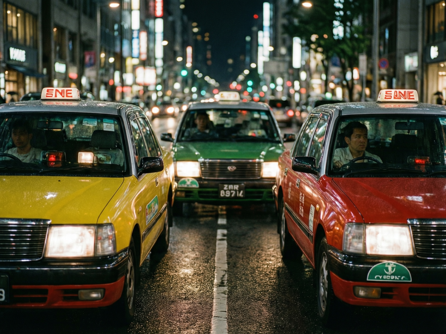 图中展现了一个繁华都市的夜晚街头，三辆色彩鲜艳的出租车正并排停在湿漉漉的柏油马路上。画面中心是一辆绿色的出租车，左右两侧分别是一辆亮黄色和一辆大红色的出租车。背景是深邃的夜空和街道两旁模糊的霓虹灯火，营造出一种典型的东亚都市夜景氛围。地面反射着车灯和路灯的微光，显得质感细腻。

然而，画面中存在多处明显的 AI 生成缺陷。首先是文字错误：车顶灯上的字母呈现为扭曲的“SNE”或“SANE”，并非现实中的文字；车牌上的字符也模糊不清且逻辑混乱。其次是结构异常：最右侧红色出租车的左后视镜位置过低且形状怪异，几乎贴在了车门中部。此外，车内司机的面部轮廓较为模糊，且左侧黄色出租车的雨刷器与挡风玻璃的衔接显得不够自然。整体构图虽然对称，但细节处的逻辑错误揭示了其 AI 生成的本质。