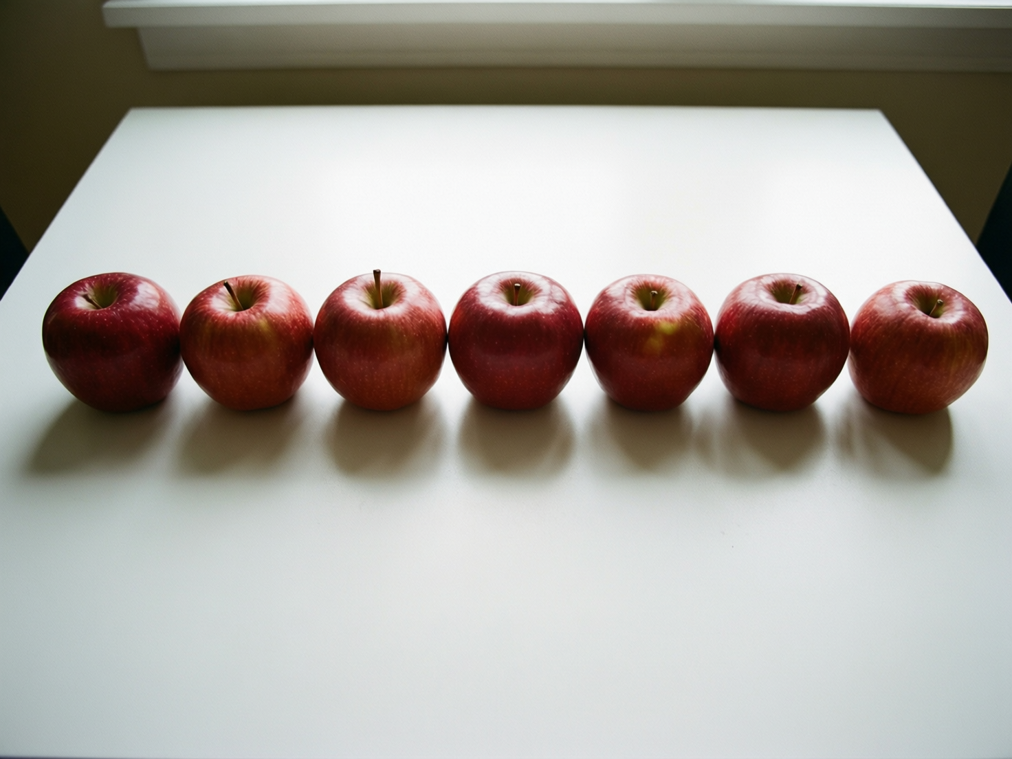 图中展示了七个红苹果，它们在洁白的桌面上横向排成一排。背景是一个简洁的室内环境，上方隐约可见白色的窗台。光线从上方照射下来，在每个苹果的前方投下了清晰的椭圆形阴影。这些苹果呈现出深红色，表面带有细微的黄色斑点和自然的纹理，顶部的果梗清晰可见。构图采用了俯视视角，画面干净且具有对称美感。

然而，画面中存在明显的 AI 生成缺陷：最左侧的第一个苹果下方没有像其他苹果那样产生自然的投影，阴影完全缺失，导致它看起来像是悬浮在桌面之上。此外，最右侧的第七个苹果与它左侧的苹果之间，阴影出现了不自然的重叠和断层，透视逻辑显得有些混乱。整体而言，虽然苹果的质感非常逼真，但光影处理上的逻辑错误暴露了其人工智能生成的痕迹。