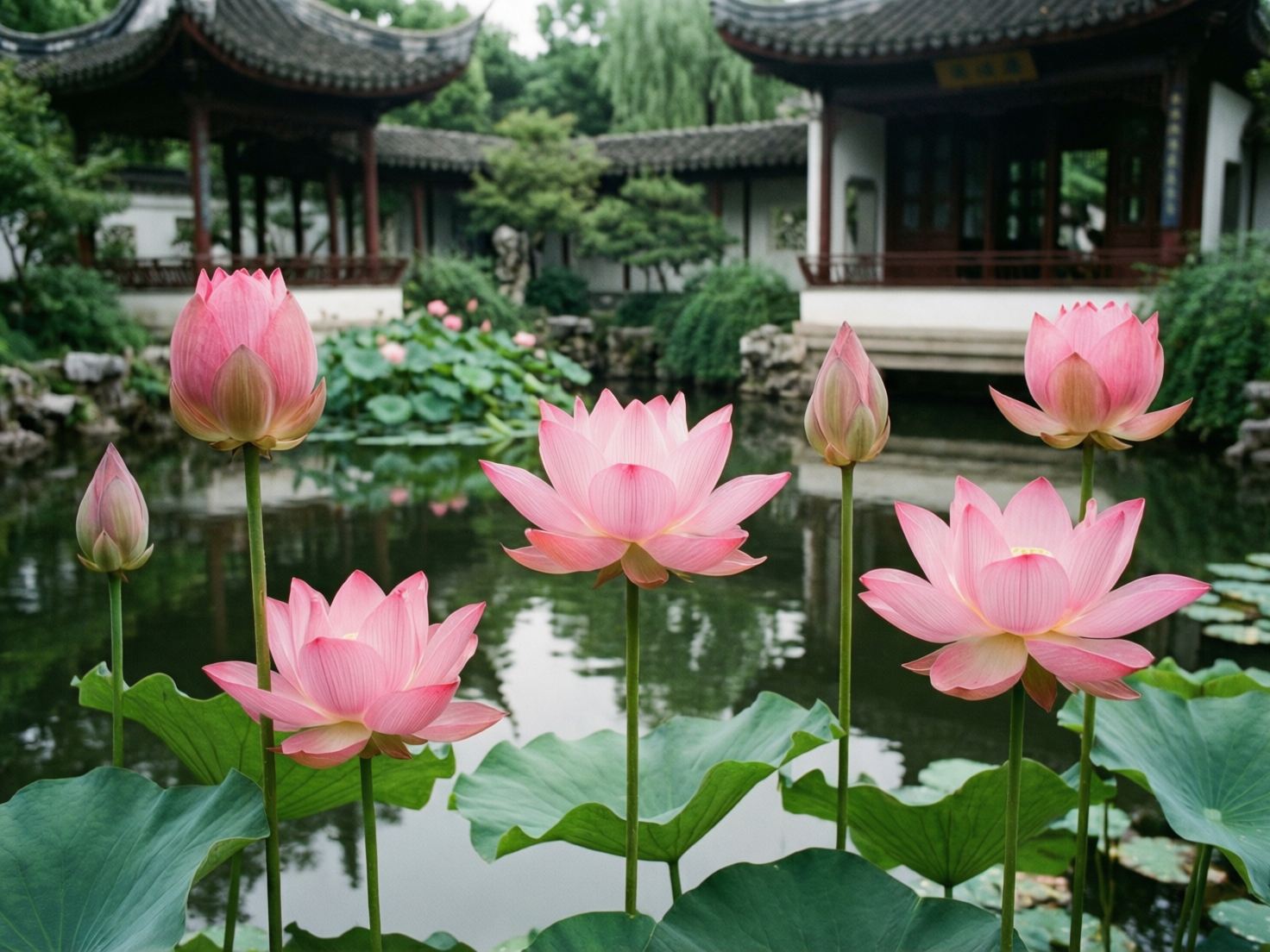 图中展示了一个宁静的中式园林景观，前景是几朵盛开的粉红色荷花。画面中心有六朵姿态各异的荷花，有的完全绽放，露出层层叠叠的粉嫩花瓣；有的则是含苞待放的青粉色花蕾。这些荷花生长在笔直的绿色长茎上，下方衬托着宽大翠绿的荷叶。背景是一个宁静的池塘，水面倒映着岸边的景色。池塘后方是典型的中式古建筑，包括灰瓦红柱的凉亭和长廊，周围环绕着郁郁葱葱的垂柳和绿植。整体色调清新自然，营造出一种夏日园林的清凉感。

在 AI 生成的细节方面，存在一些明显的逻辑缺陷：画面最左侧和中间偏右的两根花茎在接近水面处似乎凭空消失或与叶片的连接方式不自然；部分荷花的透视角度略显僵硬，像是直接粘贴在背景上的平面图层；此外，背景中右侧建筑的牌匾文字模糊不清，且长廊的柱子排列在透视上显得有些局促和不协调。