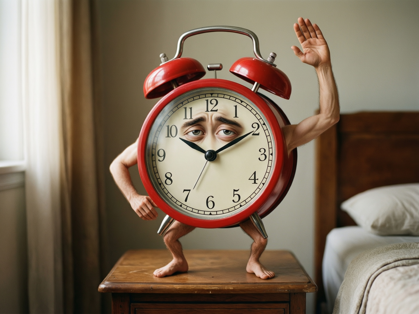 图中展现了一个拟人化的红色复古闹钟，它正站在卧室的木质床头柜上。闹钟拥有人类的四肢和五官：表盘上方有一双睡眼惺忪、带着浓重黑眼圈的眼睛和下垂的眉毛，显得非常疲惫。它长着细长的肉色手臂和双腿，右手叉腰，左手高举像是在打招呼或伸懒腰。背景是柔和的室内光线，可以看到左侧的窗帘和右侧模糊的床铺。

画面存在明显的 AI 生成缺陷：首先，闹钟左侧（画面右方）举起的手臂肌肉线条极其生硬且比例失调，手掌有六根手指，且手指形状扭曲。其次，闹钟下方的两条腿直接从金属支架处长出，脚趾的细节模糊且数量异常。此外，表盘上的刻度存在逻辑错误，数字「11」出现了两次，分别位于正常 11 点和 12 点的位置，而原本 12 点的位置被挤到了右侧，整体数字排列不均匀。