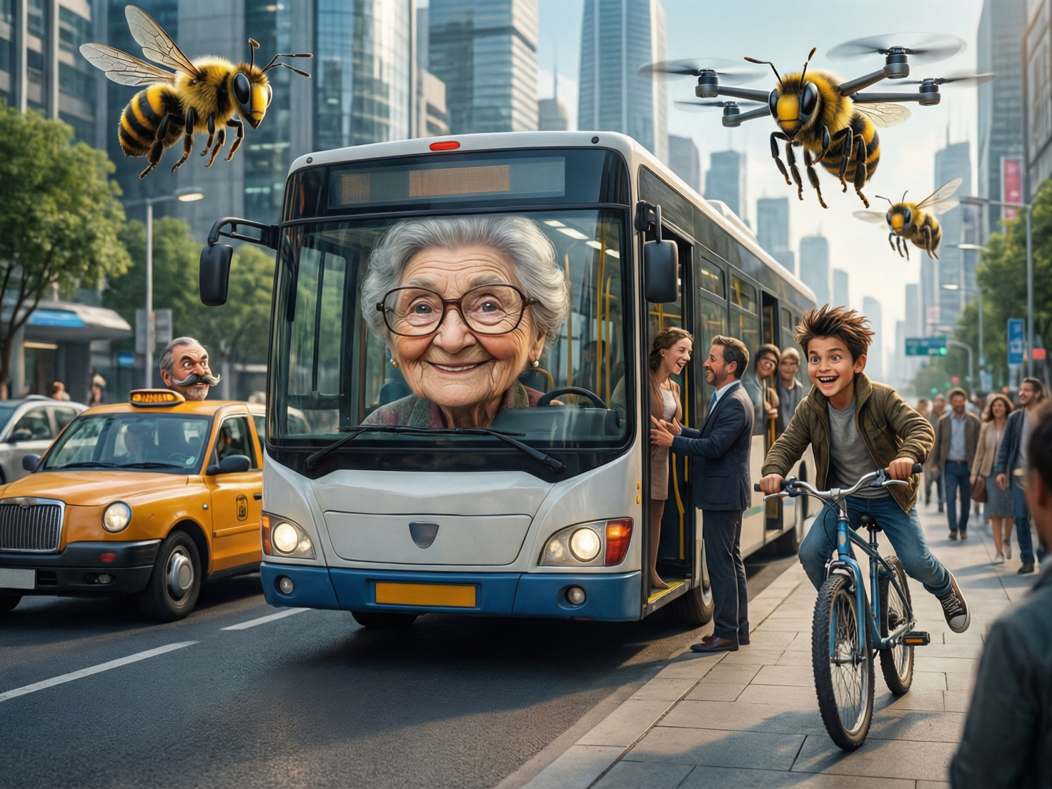 图中展示了一个充满超现实色彩的繁忙城市街道场景。画面的中心是一辆白蓝相间的公交车，令人惊讶的是，驾驶座上坐着一位面带慈祥微笑、比例巨大且占据了整个挡风玻璃的老奶奶。公交车旁，一名兴奋的小男孩正骑着蓝色自行车向前冲，背景中还有一辆亮黄色的出租车和穿梭的行人。天空中飞舞着几只巨大的蜜蜂，其中一只蜜蜂的背部竟然融合了无人机的旋翼，构思奇特。

画面呈现出明亮的白昼光线，色彩鲜艳且富有动感。然而，图中存在多处明显的 AI 生成缺陷：首先是比例失调，老奶奶的头部相对于车身过于巨大；其次，右侧骑车男孩的手部抓握车把的姿势扭曲，且他的左脚悬空，与脚踏板位置不符；公交车门处的乘客身体交叠异常，部分肢体似乎融合在了一起；此外，背景中出租车司机的面部表情僵硬且比例怪异，远处建筑物的线条在细节处也显得模糊且不合逻辑。