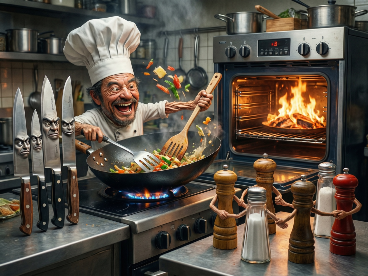 图中展现了一个充满超现实夸张风格的繁忙厨房场景。画面中心是一位表情极其狂热、张嘴大笑的厨师，他戴着高耸的白色厨师帽，正挥舞着木铲在冒火的炉灶上翻炒蔬菜，蔬菜在空中飞溅。画面左侧，四把立着的厨刀被赋予了拟人化的愤怒表情；右侧前景中，几个调料瓶竟然长出了细长的手臂，正手拉手围成一圈跳舞。背景是一个不锈钢烤箱，内部正燃着熊熊烈火。

这张图片具有明显的 AI 生成缺陷和逻辑异常：厨师的手臂线条极其扭曲且比例失调，手指数量模糊；左侧厨刀上的五官刻画生硬，刀柄与桌面的接触点缺乏真实物理支撑；右侧调料瓶长出的手臂结构怪异，连接处不符合解剖学逻辑；烤箱内部直接燃烧木柴，这在现代厨房设备中极不合理。整体色调偏暖，充满了混乱而诡异的动感。