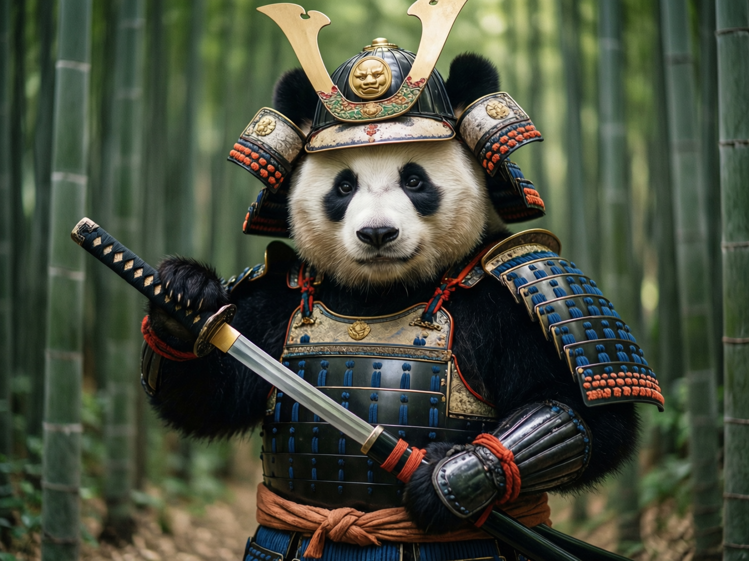 图中展示了一只拟人化的成年大熊猫，它身着华丽的日本武士铠甲，威风凛凛地站立在茂密的翠绿色竹林中。这只熊猫神情庄重，黑白分明的面部毛发纹理清晰。它头戴一顶装饰有金色兽首和巨大V形金属饰物的武士头盔，身披一套结合了黑色护甲片、蓝色编织绳和红色点缀的精细铠甲。熊猫的右手正握住一把出鞘武士刀的刀柄，左手则扶在刀鞘上，构图呈现出一种蓄势待发的英雄气概。背景中的竹林由于景深效果略显模糊，营造出深邃的氛围感。

在 AI 生成的细节方面，画面存在明显的逻辑缺陷：最显著的是熊猫右手握刀的方式，刀刃竟然直接穿过了它厚实的黑色手掌，且手指的抓握结构模糊不清，缺乏真实的物理接触感。此外，武士刀的刀身与刀柄连接处透视略显生硬，左手护腕处的红色绳结结构也显得有些杂乱，不符合真实的编织逻辑。