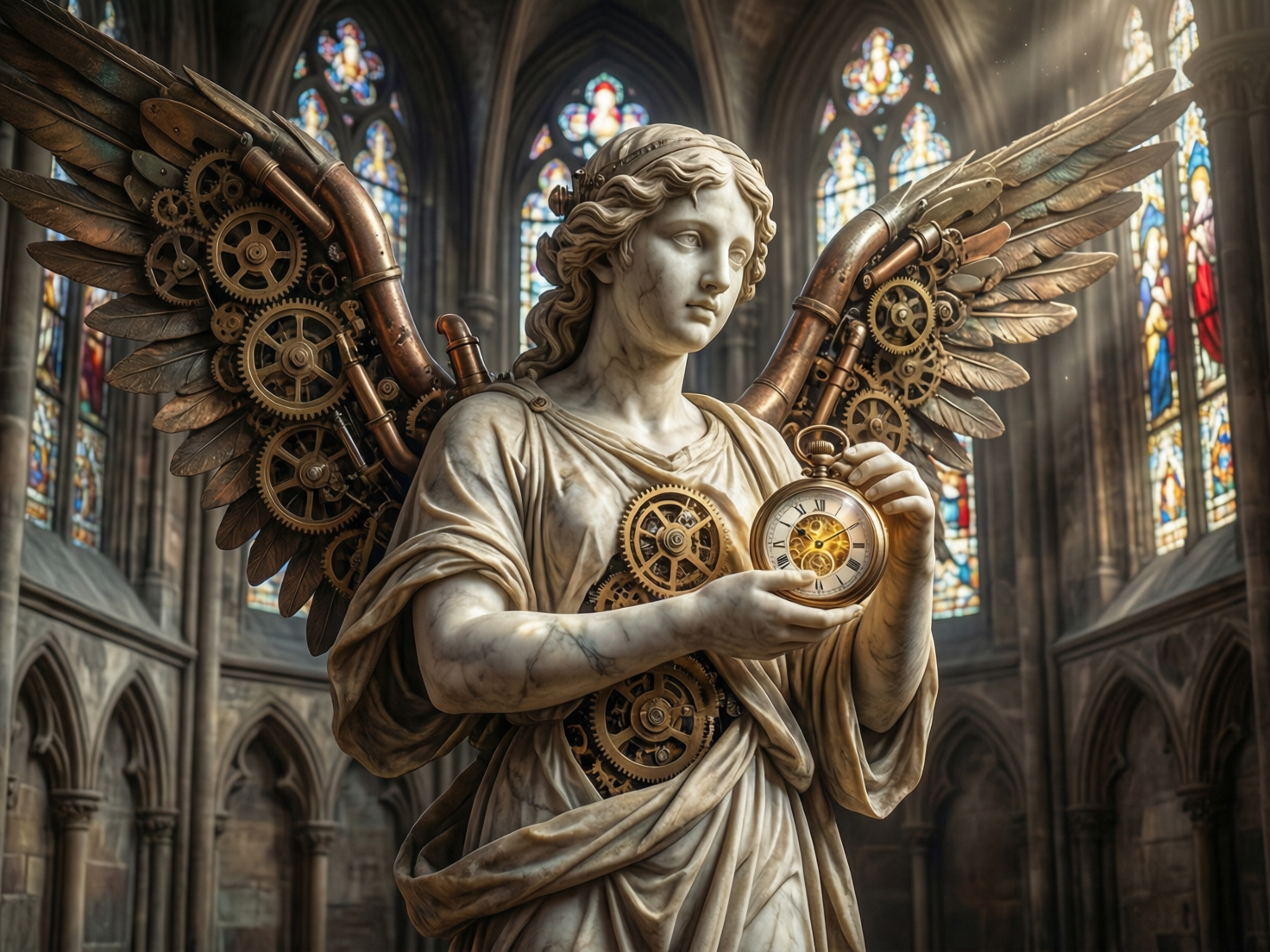 图中展现了一座融合了古典艺术与蒸汽朋克风格的大理石天使雕像。天使位于一座宏伟的哥特式大教堂内，背景是高耸的尖拱门和色彩斑斓的彩色玻璃窗，柔和的阳光从上方洒下。天使面容沉静，拥有卷曲的头发，身上披着褶皱自然的大理石长袍。最独特之处在于，天使的背部长有一对巨大的金属机械羽翼，由黄铜色齿轮、管道和金属片构成；其胸部和腹部也镶嵌着复杂的齿轮组。天使双手捧着一只发光的金色怀表，构图中心感强。画面存在明显的 AI 生成缺陷：天使左手的指头数量和关节连接异常，显得扭曲且模糊；怀表盘面上的罗马数字排列混乱，刻度不准确；此外，翅膀上的部分齿轮咬合逻辑不符合物理常识，呈现出一种超现实但无序的堆砌感。