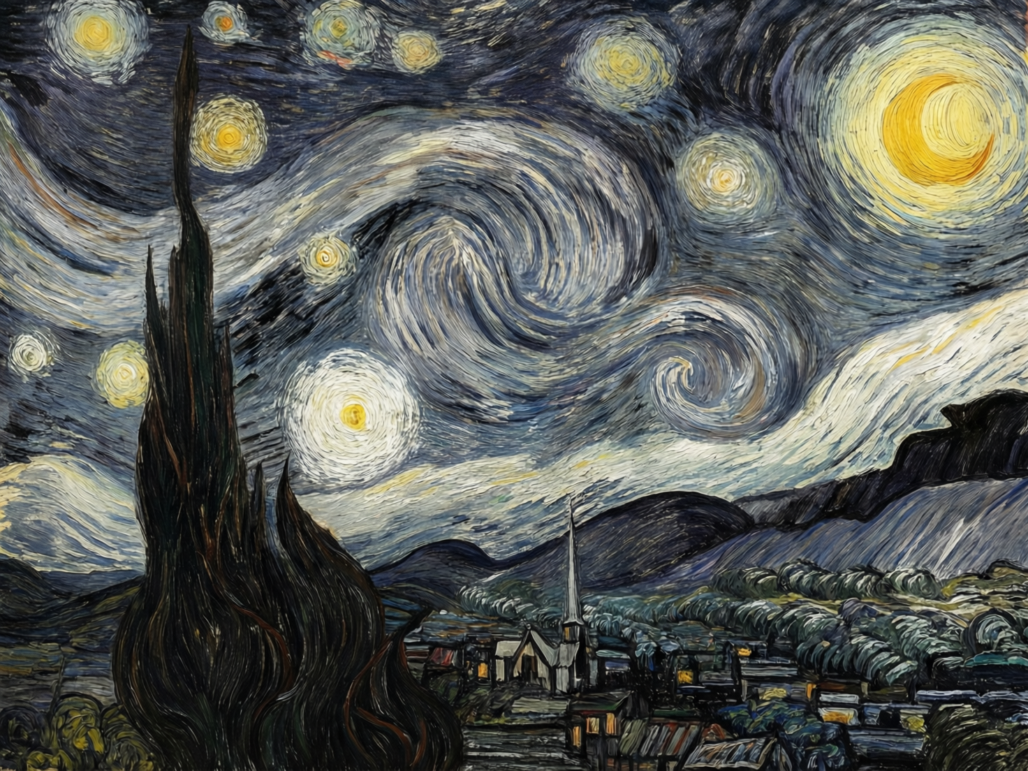 图中展现了一幅模仿梵高名作《星月夜》风格的油画。画面构图分为上下两部分，上方是占据大半个画面的深蓝色夜空，布满了翻滚旋转的白色云气和十一颗闪烁着明亮黄光的星辰，右上角有一轮巨大的金黄色新月。左侧矗立着一棵深色、如火焰般向上升腾的丝柏树。下方则是宁静的村庄，错落有致的房屋中透出点点暖黄色灯火，背景是连绵起伏的深蓝色山脉。整幅画充满了强烈的笔触感和旋转的动律。作为 AI 生成的作品，画面存在一些明显的逻辑缺陷：天空中的星辰分布过于密集且大小不一，部分旋涡状云气的衔接显得生硬；下方的村庄建筑结构模糊，教堂尖塔与周围房屋的比例略显失调，且部分笔触在细节处显得杂乱，缺乏原作那种严谨的韵律感。