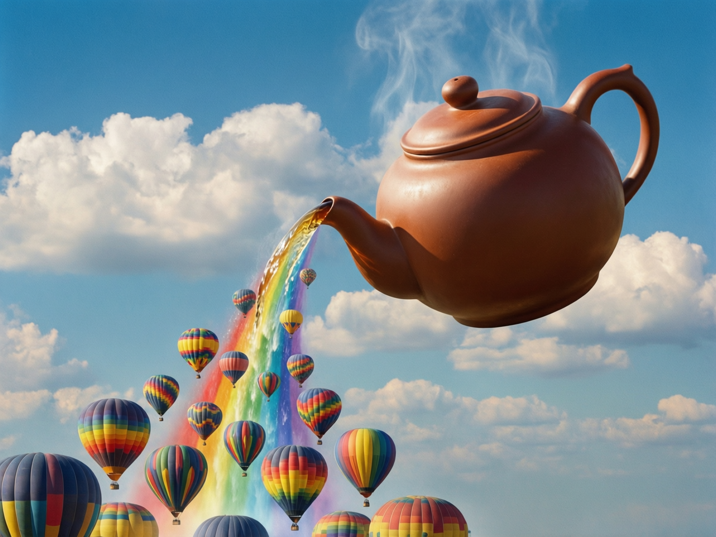 图中展现了一个充满超现实主义色彩的奇幻场景。画面右上方，一只巨大的棕褐色陶制茶壶悬浮在湛蓝的天空中，壶顶正冒着袅袅白烟。茶壶倾斜着，壶嘴中倾倒出的不是普通的茶水，而是一道绚丽夺目的七彩虹瀑，色彩从红到紫依次排开，倾泻而下。在彩虹瀑布的周围和下方，散布着许多五颜六色的热气球，它们大小不一，营造出一种深邃的透视感。背景是明亮的蓝天和洁白柔软的积云，整体色调明快且富有想象力。在 AI 生成的细节方面，存在明显的逻辑缺陷：茶壶在没有任何支撑的情况下悬浮，且壶嘴流出的液体在接触空气的一瞬间直接变成了彩虹，缺乏物理上的过渡。部分远景的热气球形状略显僵硬，与彩虹交汇处的边缘处理不够自然，呈现出一种拼贴感。