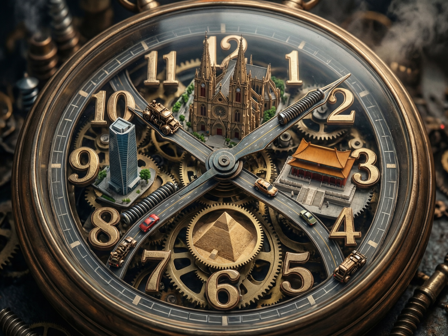 图中展示了一个充满奇幻色彩的复古铜色怀表，表盘内部被设计成一个微缩的世界景观。画面中心以齿轮和机械零件为背景，四个主要的指针被替换成了柏油马路，上面行驶着微型汽车。表盘的四个方位分别矗立着不同风格的微缩建筑：上方是哥特式大教堂，下方是金字塔，左侧是现代摩天大楼，右侧则是中式宫殿建筑。整体色调以古铜金为主，呈现出一种蒸汽朋克融合超现实主义的风格。

在 AI 生成的细节方面存在明显的逻辑缺陷：首先，表盘上的数字排列异常，出现了两个数字「1」，且数字的间距和位置极不规则；其次，作为指针的马路在中心交汇处结构模糊，部分路段突兀地连接着金属弹簧，缺乏物理支撑逻辑；此外，微缩建筑与数字之间的比例失调，部分车辆的大小也极不统一，背景中的齿轮咬合关系模糊，呈现出一种视觉上的混乱感。