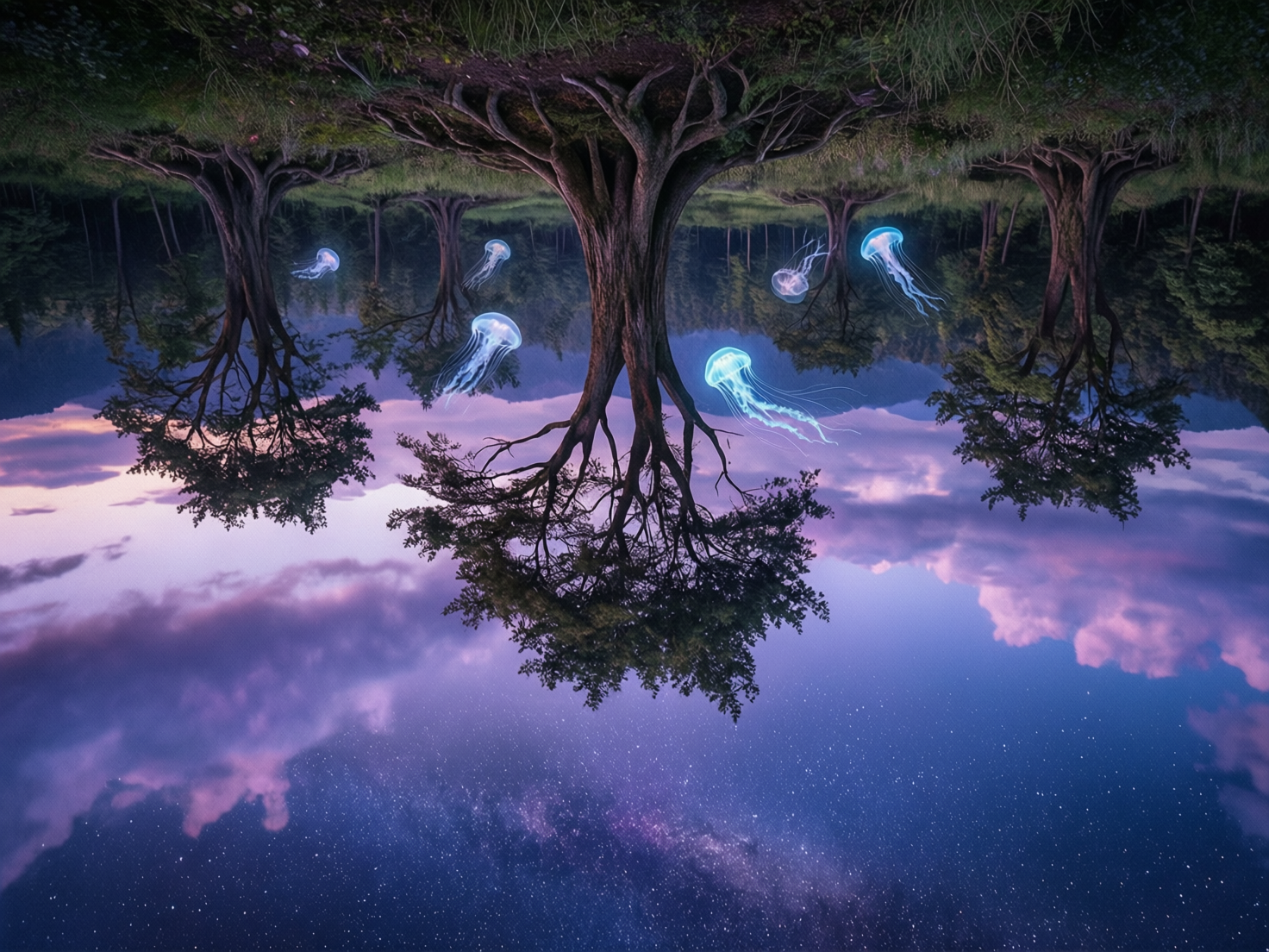 图中展现了一个超现实的梦幻场景，采用了上下颠倒的奇特构图。画面上方是长满绿色草地和粗壮树根的地面，几棵巨大的古树倒挂着向下生长，繁茂的枝叶垂向画面中央。背景是深邃的星空与淡紫色的晚霞，繁星点点，云朵被染成了温柔的粉紫色。在倒挂的树林之间，几只散发着幽蓝色荧光的水母正悠然地在空气中“游动”，长长的触须轻盈飘逸，为画面增添了神秘的生命力。整体色调以冷调的蓝紫色为主，冷暖对比营造出一种静谧而诡谲的美感。作为 AI 生成的图像，画面存在明显的逻辑缺陷：最显著的是重力方向的完全颠倒，地面位于上方而天空位于下方；此外，水母作为海洋生物出现在森林半空中，且部分水母的触须与树枝的穿插关系显得不够自然，边缘略显生硬。
