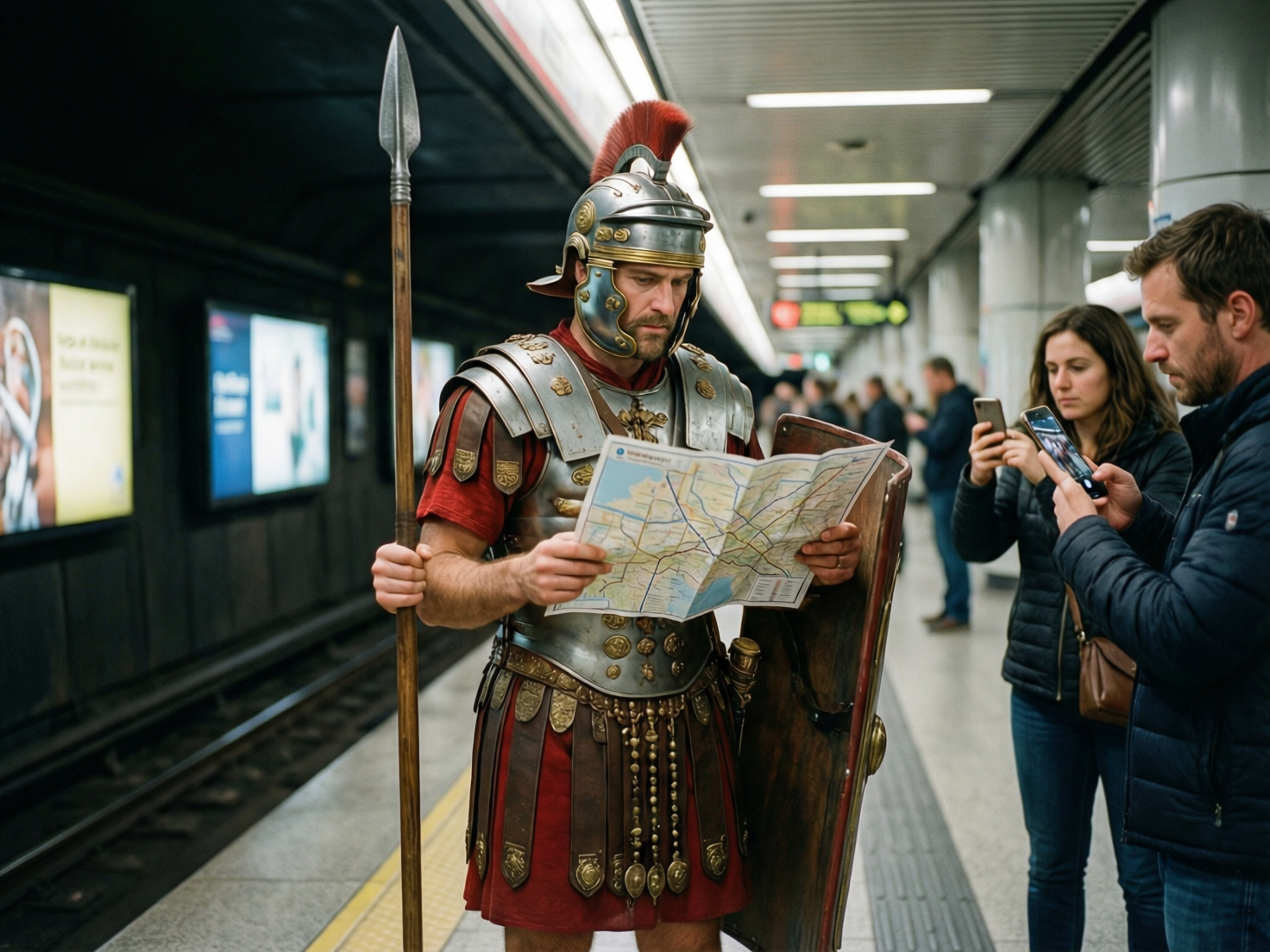 图中展示了一个充满超现实感的现代地铁站场景。画面中心站着一位身着全套古罗马士兵盔甲的男子，他头戴饰有红色羽冠的金属头盔，身披银色铠甲和红色战袍，右手握着一支长矛，左手拿着一张展开的现代城市地图正专注查看，身侧还靠着一面巨大的红色盾牌。他的右侧有两名穿着现代深色夹克的男女，正举起手机对他拍照。背景是典型的地铁站台，左侧可见铁轨和发光的广告牌，上方是整齐的日光灯管。画面色彩对比鲜明，古老的金属质感与现代工业环境形成强烈反差。

在 AI 生成细节方面，存在明显的逻辑和结构缺陷：士兵右手握长矛的方式不自然，手指显得僵硬且比例失调；他左手拿地图的姿势也略显怪异，手指与纸张的接触点模糊。此外，右侧男子的手机屏幕显示内容与拍摄角度不符，且他握手机的手指线条有些扭曲。背景中远处的行人身影较为模糊，呈现出一种不真实的涂抹感。