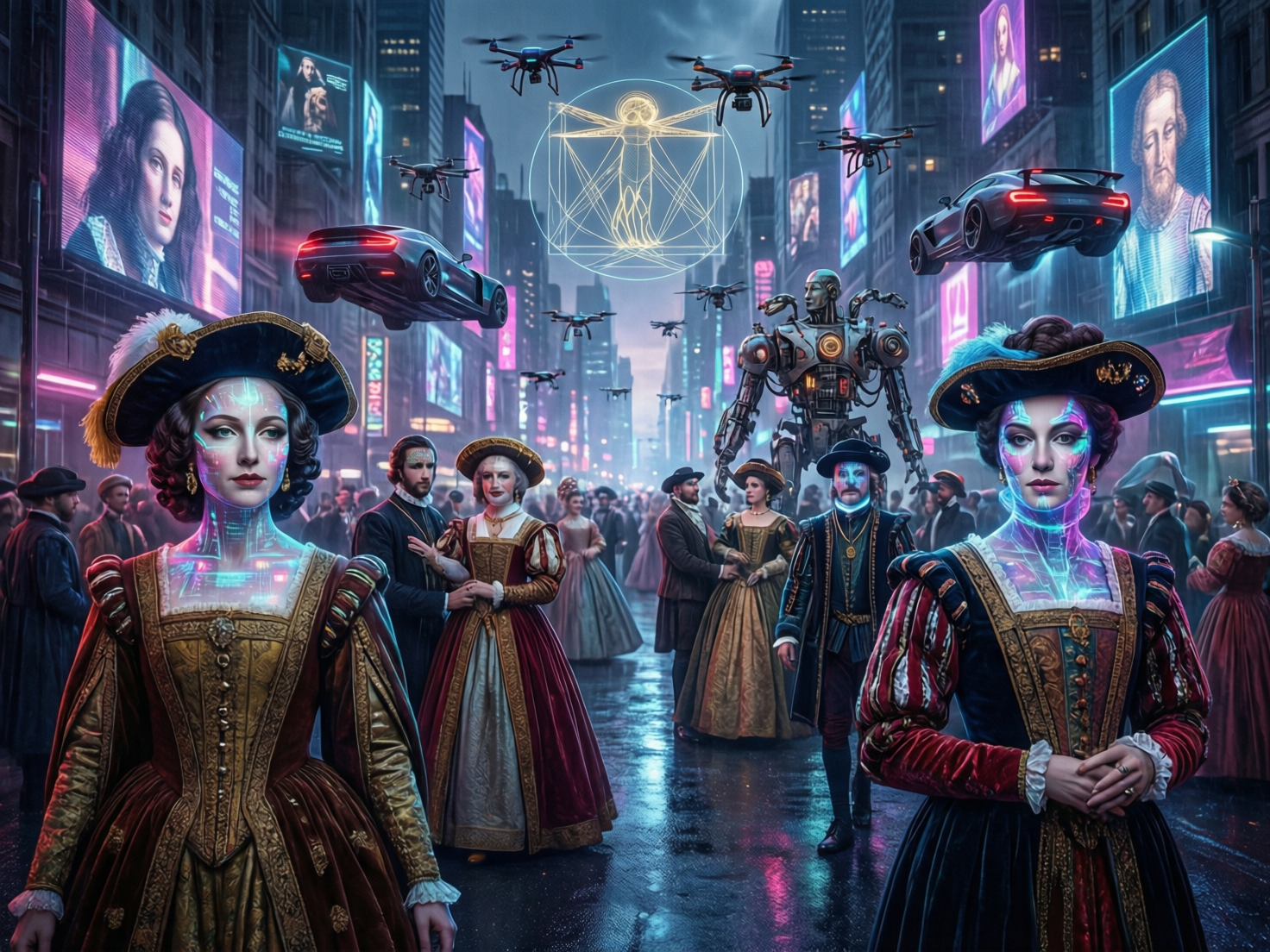 图中展现了一个充满赛博朋克风格的超现实场景，将欧洲文艺复兴时期的服饰与未来科技元素融合。画面中心是一条潮湿的都市街道，两侧高楼林立，挂满了巨大的霓虹灯牌和古典肖像电子屏。前景中有两位穿着华丽宫廷长裙的女性，她们的面部和颈部带有发光的电路纹路，显得既古典又科幻。天空中飞翔着多架无人机、悬浮赛车，以及一个巨大的发光“维特鲁威人”几何图案。背景中还有一个巨大的金属机器人穿行在人群中。整体色调以深蓝、冷紫和霓虹粉为主，营造出一种阴雨天的科幻氛围。

在 AI 生成缺陷方面，画面存在多处逻辑和结构异常：右侧前景女性的手指交叠方式极不自然，显得模糊且扭曲；背景中的人群比例失调，部分人物的肢体与躯干连接生硬；悬浮汽车的透视角度与街道环境略有脱节；此外，远处的霓虹灯文字多为无意义的乱码符号，缺乏真实的文字结构。
