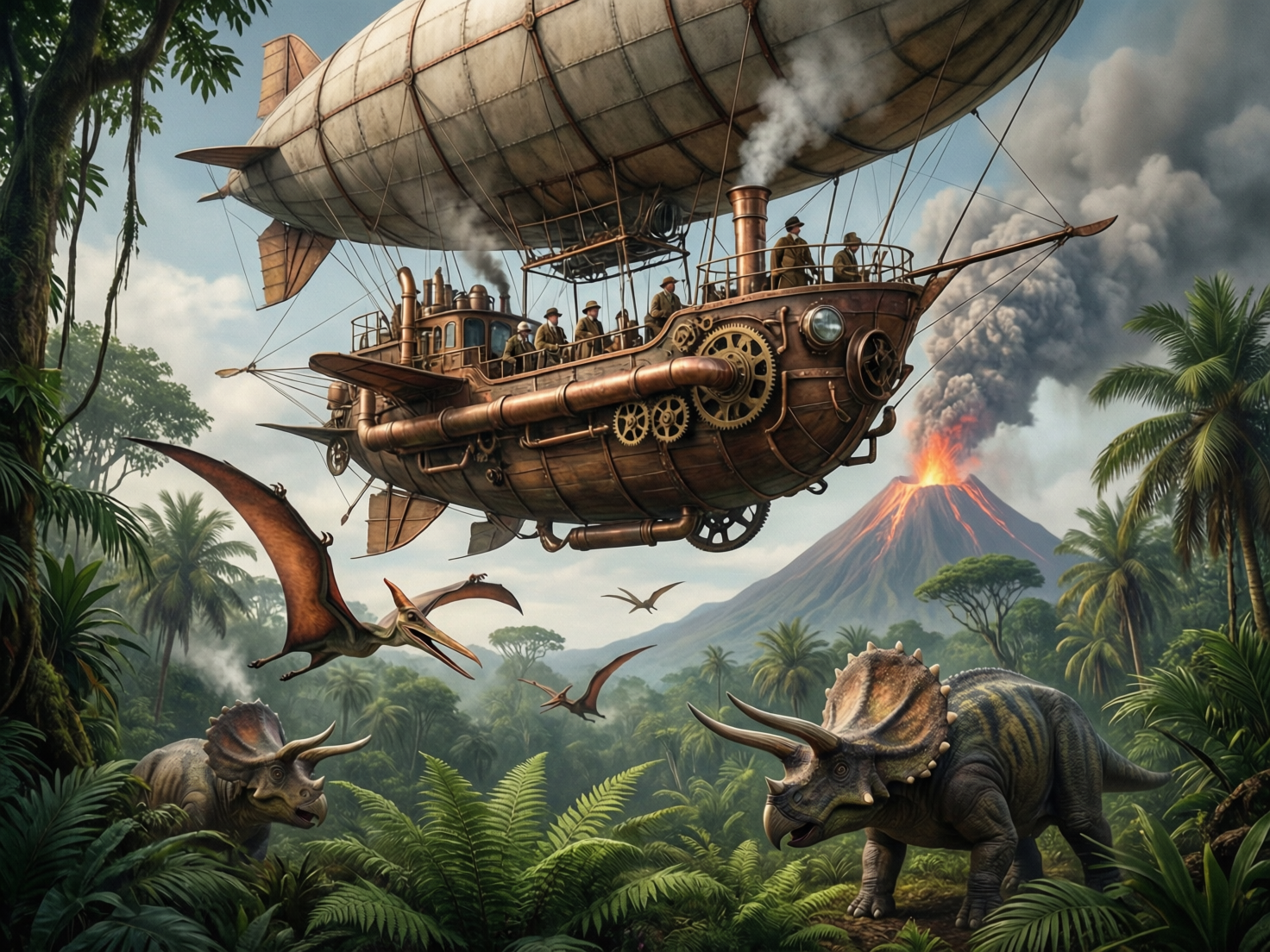画面中展现了一个充满奇幻色彩的史前冒险场景。一艘巨大的蒸汽朋克风格飞艇占据了画面上方，它由一个巨大的米色气囊和下方木质与黄铜结构的船舱组成，船上冒着白烟，几名穿着复古探险装、戴着礼帽的人正凭栏远眺。背景是一座正在喷发的活火山，浓烟滚滚，四周环绕着茂密的翠绿色热带雨林。前景和中景中有几只恐龙：地面上有两只巨大的三角龙，空中则有几只翼龙在飞翔。整体色调以复古的棕褐色、森林绿和天空蓝为主，构图宏大且富有动感。

在 AI 生成细节方面，存在一些明显的逻辑缺陷：飞艇下方的齿轮组悬浮在空中，没有实际的传动连接；飞艇尾部的螺旋桨与船体的连接结构模糊不清；船上的人物面部特征非常模糊，且部分肢体与船身栏杆融合在一起。此外，远处的翼龙身体线条不够连贯，左下角恐龙的足部与地面植被的接触显得有些漂浮，缺乏真实的重力感。