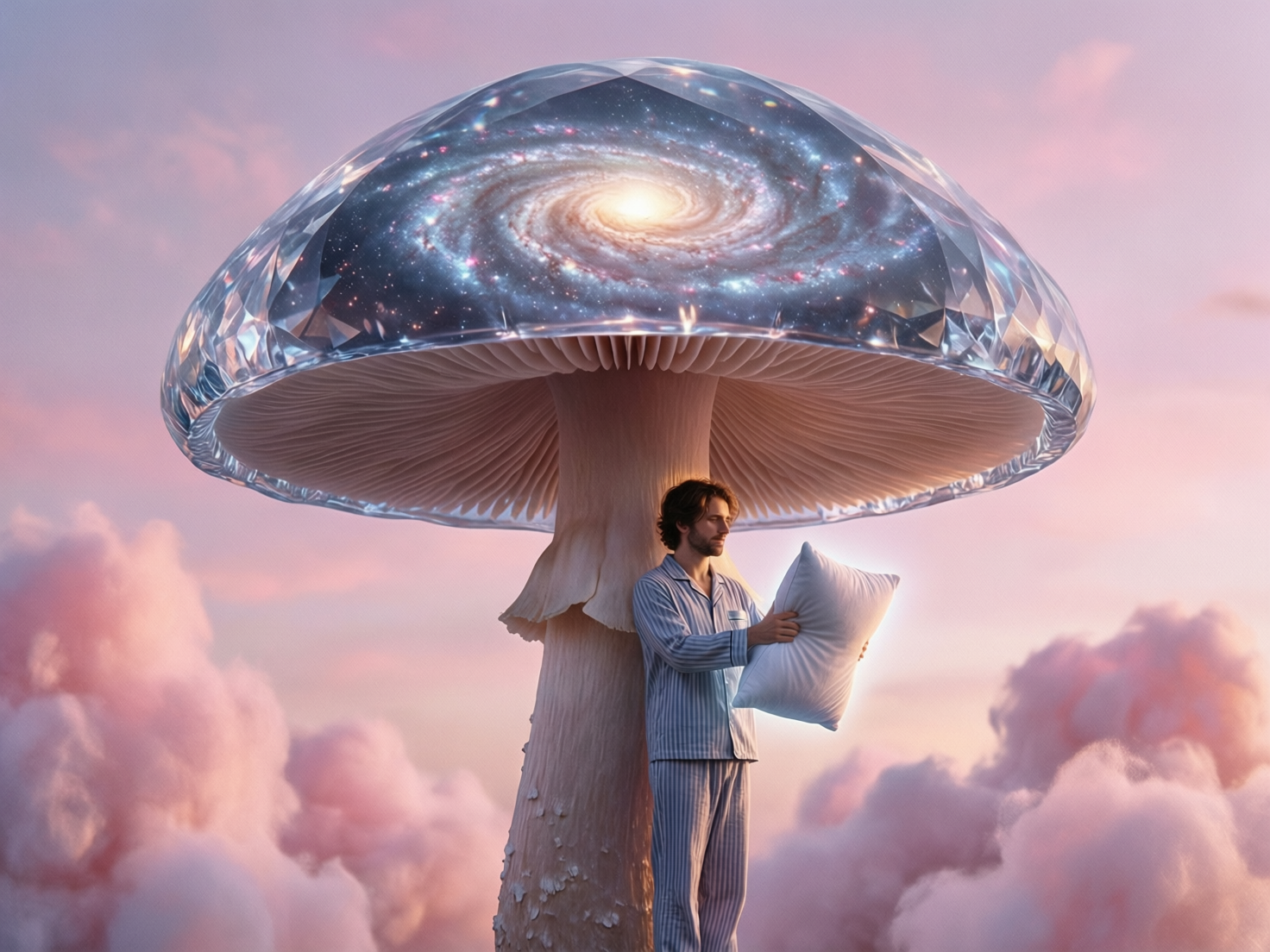 画面中呈现了一个充满奇幻色彩的超现实场景。视觉中心是一棵巨大的、如大树般矗立的蘑菇，其伞盖呈现出透明的晶体质感，内部包裹着一个璀璨的螺旋状银河星系。蘑菇下方，一名穿着蓝白条纹睡衣的男子正靠在粗壮的菌柄上，他闭着双眼，神情安详，双手抱着一个散发着微弱白光的白色枕头，仿佛正身处梦境。背景是柔和的粉紫色晚霞，四周环绕着如棉花糖般蓬松的粉色云朵。构图采用中心对称，色调温馨且梦幻。在 AI 生成的细节方面，存在明显的逻辑缺陷：男子的右手手指显得过于细长且关节模糊，与枕头接触的边缘不够自然；此外，蘑菇菌柄底部的纹理与云层的衔接处显得有些生硬，缺乏真实的透视深度。