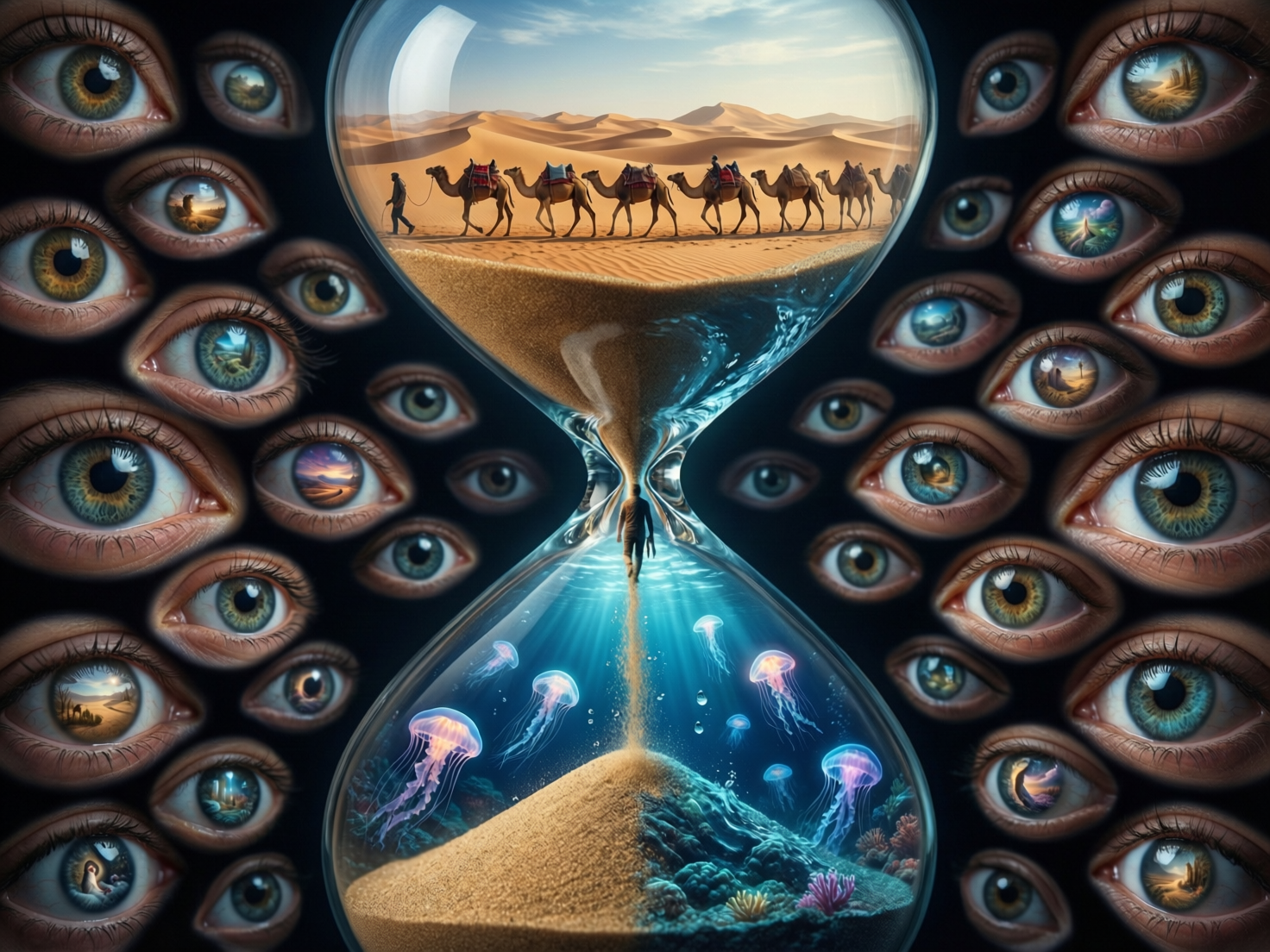图中展现了一个充满超现实主义色彩的奇幻场景。画面中心是一个巨大的透明沙漏，沙漏的上半部分盛着金色的沙漠，一支骆驼商队正行走在连绵的沙丘上；下半部分则是一个深蓝色的海底世界，发光的水母在珊瑚礁间游动。沙子正从上方流下，在沙漏颈部幻化成一个行走的小人。沙漏周围被无数只密集的、大小不一的人类眼睛所环绕，这些眼睛背景漆黑，瞳孔中倒映着不同的风景。整体色调呈现出沙漠的金黄与深海的幽蓝之间的强烈对比。在 AI 生成细节方面，存在明显的逻辑缺陷：沙漏颈部的人影结构模糊，且沙子流下的物理形态不自然；周围眼睛的睫毛分布过于杂乱且生硬，部分瞳孔内的倒影透视关系混乱，且最右侧的一些眼睛形状出现了挤压变形，呈现出一种不协调的堆砌感。