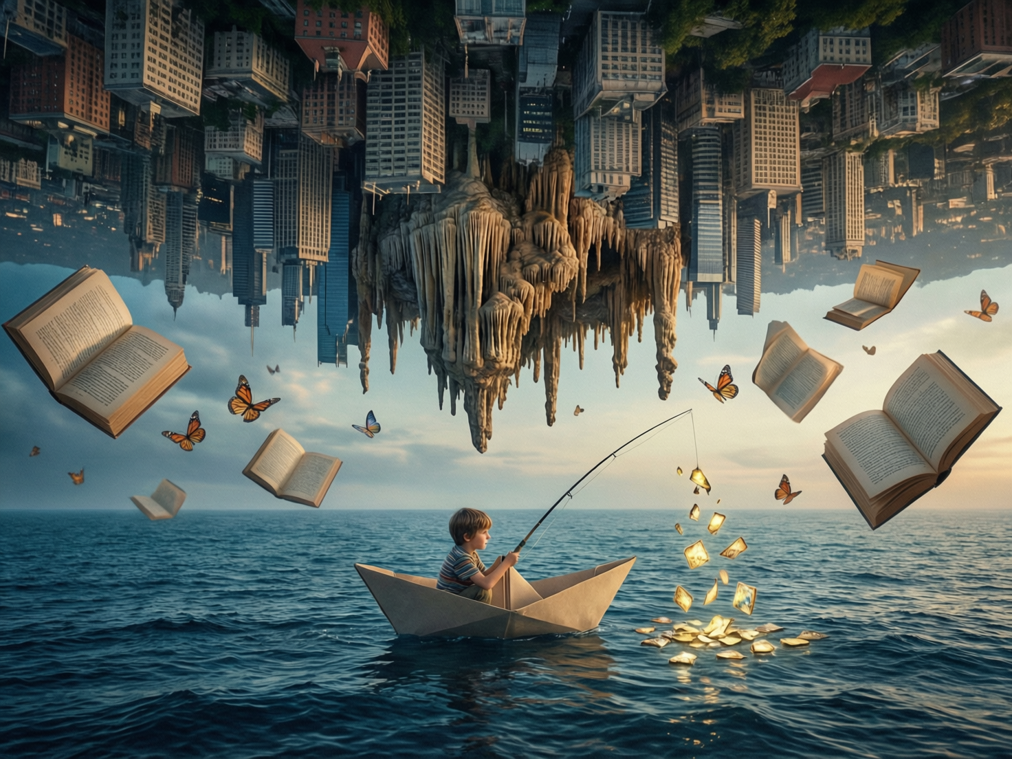 画面中呈现了一个超现实主义的奇幻场景。视觉中心是一个小男孩坐在一只巨大的浅棕色纸船里，在深蓝色的大海上垂钓。他手中的鱼竿正拉起许多闪闪发光的金色纸片，周围环绕着几只橙黑相间的蝴蝶和多本在空中飞舞的展开书籍。令人惊叹的是，天空上方悬浮着一座倒置的现代城市，高楼大厦向下延伸，中心还有一簇巨大的钟乳石状岩石垂向海面。整体色调温暖，带有黄昏的金色光影。

作为 AI 生成的图像，画面存在明显的逻辑与细节缺陷：小男孩的手部与鱼竿接触的位置模糊不清，手指结构不完整；空中飞舞的书籍虽然有文字痕迹，但全是无法辨认的乱码；倒置城市中的建筑透视关系混乱，部分窗户和结构相互重叠或断裂；此外，纸船在水面上的倒影与波浪的物理衔接显得不够自然，缺乏真实的吃水深度感。