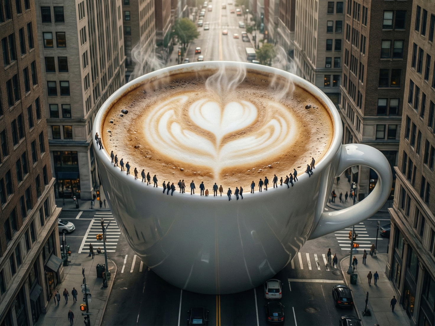 图中展示了一个超现实主义的创意场景：一只巨大的白色咖啡杯矗立在繁忙的城市街道中心。这只杯子的高度超过了周围的几层建筑，杯中盛满了带有精美心形拉花的拿铁咖啡，杯口正冒着袅袅热气。在巨大的杯缘上，站着一排微小的人影，他们仿佛在俯瞰这片“咖啡湖泊”。街道两旁是典型的都市高楼，地面上有斑马线、行驶的汽车和穿行的行人，这种极端的比例反差营造出一种奇幻感。色调以咖啡的棕褐色和城市的灰调为主，光线柔和。

画面中存在明显的 AI 生成缺陷：首先，杯缘上的人影细节模糊，部分人物的肢体与杯子边缘融合，缺乏真实的重力感；其次，街道上的车辆和行人比例不一，部分车辆的轮廓扭曲变形；远景处的建筑窗户排列不整齐，透视关系略显混乱；此外，咖啡杯的手柄与杯身的连接处光影处理不够自然，显得有些生硬。