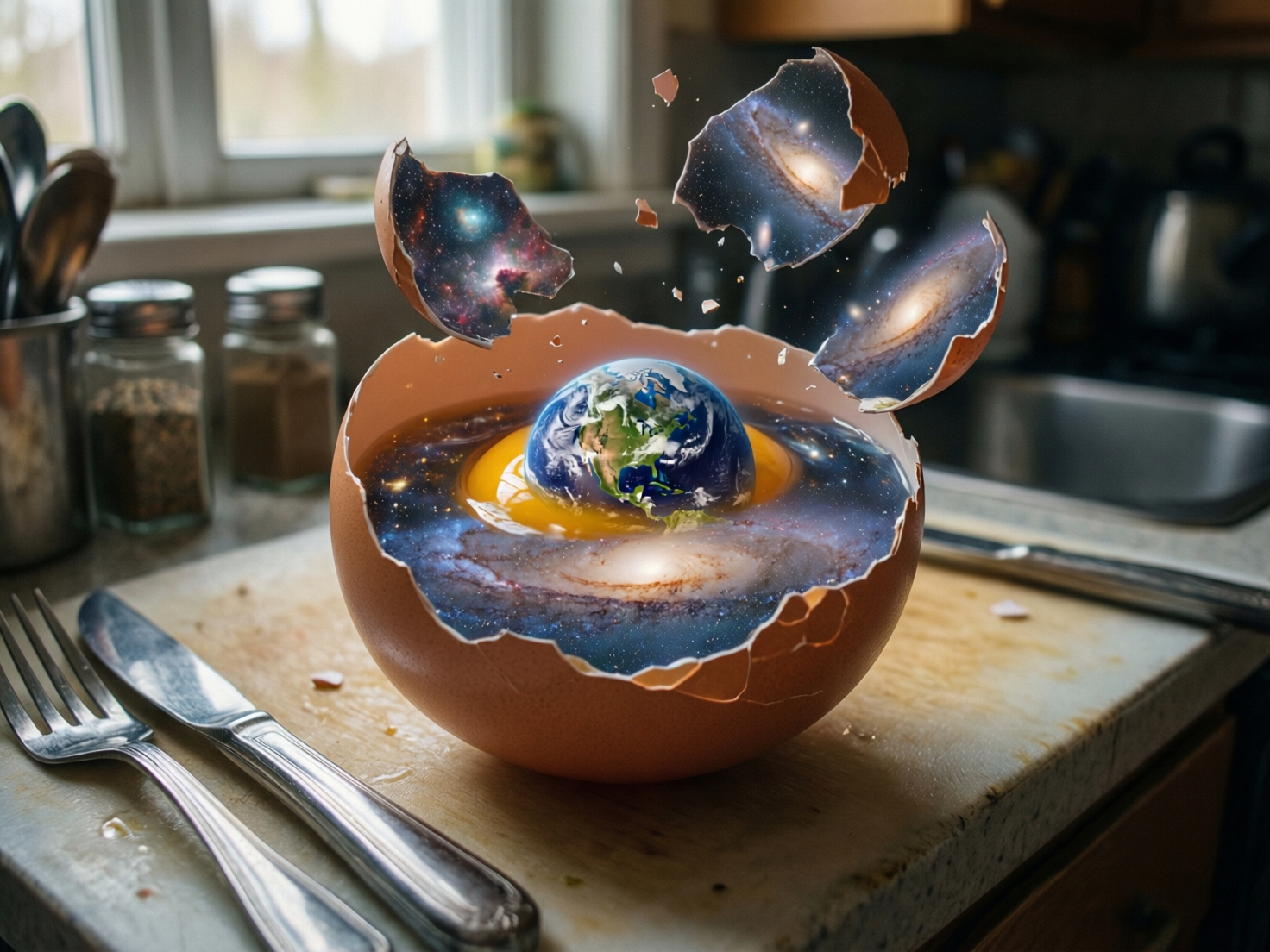 画面中展示了一个极具超现实主义色彩的创意场景。在光线明亮的厨房灶台上，一个巨大的棕色鸡蛋被打破，上半部分的蛋壳碎片悬浮在空中。令人惊叹的是，蛋壳内部并非蛋液，而是一个微缩的宇宙：深蓝色的星云和璀璨的螺旋星系在蛋壳内流淌，一颗精致的地球球体正坐落在蛋黄的位置，仿佛从宇宙深处孕育而出。背景是模糊的厨房环境，可以看到窗户、调料瓶和餐具，这种生活气息与核心的科幻元素形成了鲜明对比。

在 AI 生成的细节方面，存在一些明显的逻辑与视觉缺陷：首先，左下角的金属餐具形状异常，叉子的齿部显得短促且融合在一起，刀柄的质感略显模糊；其次，悬浮的蛋壳碎片内壁也映射着星空，但其透视角度与下方的星云并不完全连贯；此外，地球表面的云层分布较为杂乱，且蛋壳破碎的边缘过于锋利，缺乏自然的质感。整体构图虽然充满想象力，但在光影衔接处略显生硬。