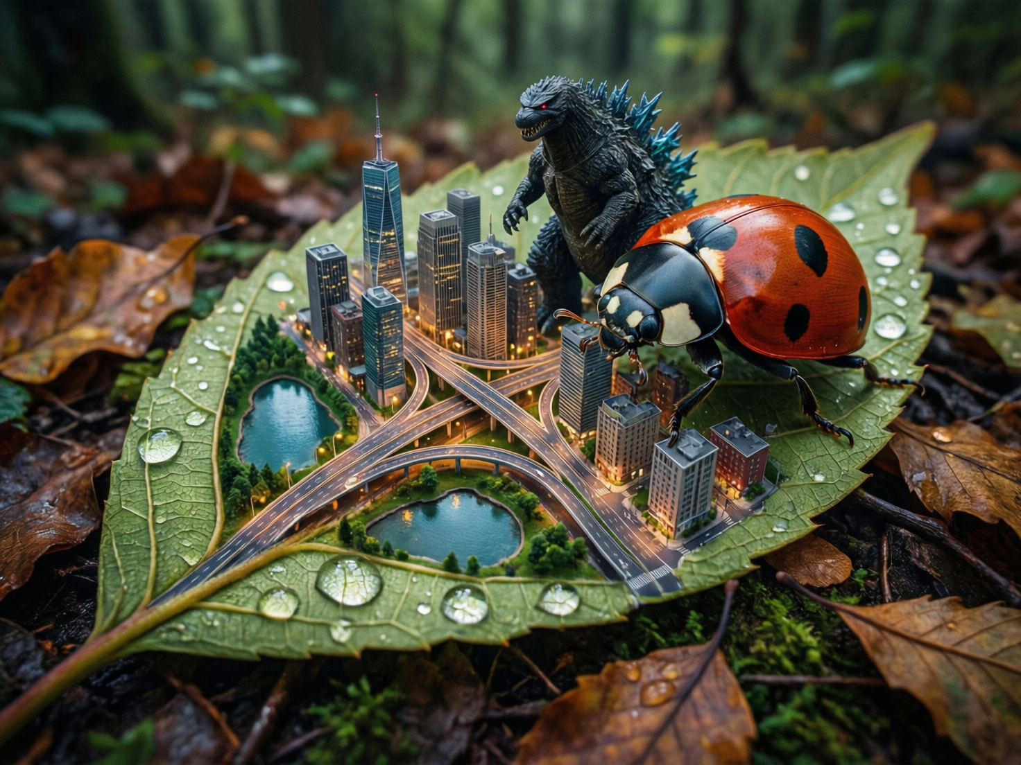 图中展示了一个极具奇幻色彩的微观场景。在潮湿森林地表的枯叶堆中，一片巨大的绿色树叶平铺在画面中央，叶片上布满了晶莹的水珠。令人惊叹的是，这片叶子上承载着一座微缩城市，拥有亮着灯光的摩天大楼、纵横交错的高架桥、绿地和两个微型湖泊。在城市上方，站立着一只黑色的哥斯拉怪兽和一只巨大的红黑斑点瓢虫，它们仿佛正准备在城市中展开对峙。

画面色彩丰富，深绿的叶片与橙红的瓢虫形成鲜明对比，微缩城市的暖黄色灯光为冷色调的背景增添了细节感。然而，图中存在明显的 AI 生成缺陷：瓢虫的结构不符合生物学，它长出了过多的细长肢体，且部分肢体直接穿透了下方的微缩建筑，显得透视关系混乱；哥斯拉的脚部与建筑物的接触面缺乏真实的物理衔接感；此外，高架桥的末端直接消失在叶缘，逻辑上不够连贯。整体构图采用了微距摄影视角，背景的森林被虚化，突出了叶片上的奇幻世界。