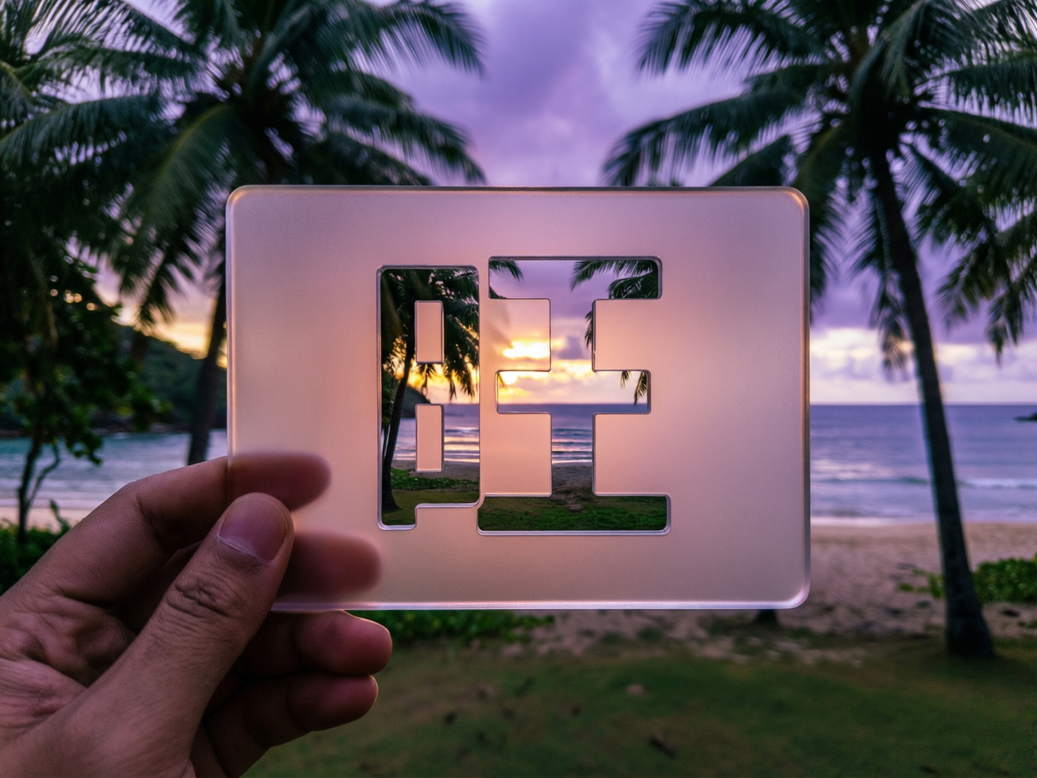 图中展示了一幅在热带海滩背景下的创意摄影作品。画面前景中，一只左手捏着一块半透明的磨砂质感方牌，牌子中心镂空出了一个巨大的汉字“旺”。透过这个镂空的“旺”字，可以看到远处海平线上金灿灿的夕阳余晖，而方牌的其他部分则遮挡并模糊了背景。背景是一片宁静的沙滩，两侧矗立着高大的棕榈树，天空呈现出梦幻的紫色与深蓝色交织的暮色。

画面中存在明显的 AI 生成缺陷：首先，镂空的“旺”字结构异常，左侧的“日”部下方多出了不规则的横折线条，右侧的“王”部笔画连接处生硬且不符合汉字书写逻辑；其次，手部细节处理不自然，拇指的指甲形状略显畸形，且手指与透明牌子的接触位置缺乏真实的物理受力感。此外，透过镂空处看到的背景与周围模糊背景的透视关系略有脱节，显得不够真实。