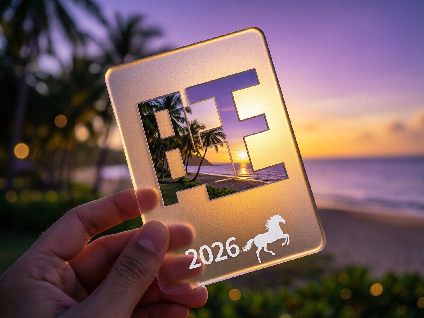 图中展现了一只左手拿着一块半透明磨砂质感的矩形卡片，背景是黄昏时分宁静的海滩。天空呈现出迷人的紫色与橙色渐变，远处的夕阳正落在海平线上，岸边点缀着模糊的棕榈树影。卡片中心有镂空设计，通过镂空处可以看到背景中清晰的椰树与海景。卡片右下方印有白色的数字“2026”以及一匹奔跑中的骏马剪影。整体构图采用浅景深效果，使前景的卡片非常突出。在 AI 生成细节方面，存在明显的逻辑缺陷：卡片中心的镂空形状怪异，看起来像是扭曲且不完整的字母，缺乏明确的语义；此外，手持卡片的手指比例略显不自然，指尖与卡片的接触边缘处理得不够真实，且卡片边缘的金色光效在物理透视上显得有些突兀。