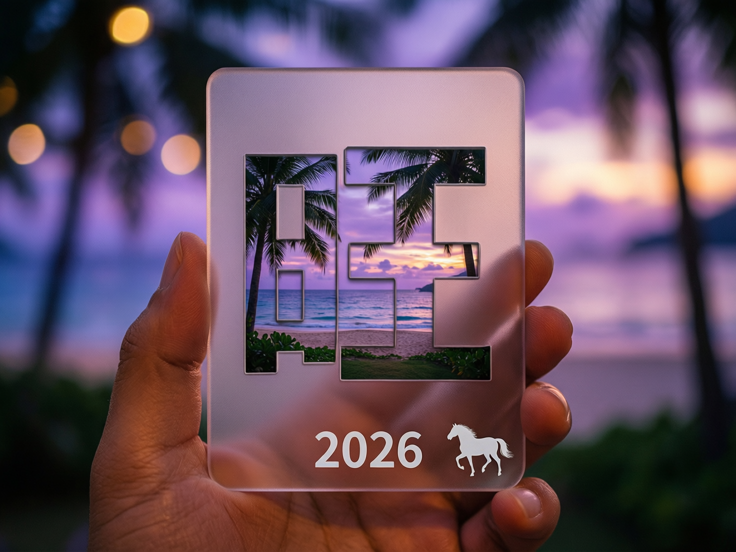图中展现了一只古铜色皮肤的手，正握着一块半透明的磨砂质感矩形卡片。背景是黄昏时分的迷人海滩，天空呈现出深邃的紫色与暖橙色的渐变，远处点缀着虚化的灯光和椰子树剪影。卡片中心有两个镂空的几何字母，透过镂空可以看到清晰的海景、沙滩和椰树，与模糊的背景形成虚实对比。卡片底部印有白色的数字“2026”和一个奔马的剪影图标。

在 AI 生成细节方面，画面存在明显的逻辑与结构缺陷：首先，手部结构异常，左侧的大拇指显得过于粗大且指节连接处不自然，右侧握持卡片的手指数量和位置模糊不清，缺乏清晰的指缝界定。其次，卡片上的镂空字母形状怪异，并非标准字符，看起来像是某种扭曲的符号。最后，透过卡片镂空看到的景色与背景的透视关系不完全匹配，且卡片边缘与手指接触的地方光影过渡略显生硬，缺乏真实的物理压痕。