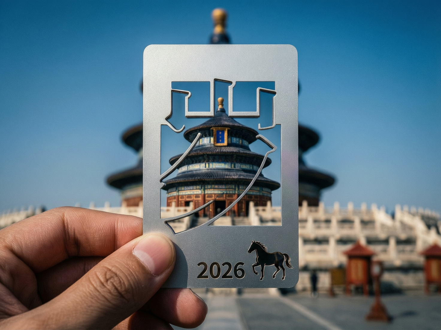 图中展示了一只手拿着一张银灰色金属质感的镂空卡片，背景是北京天坛祈年殿。画面构图以手中的卡片为中心，透过卡片中间巨大的镂空汉字形状，恰好将远处的祈年殿框入其中。背景天空呈现深蓝色，阳光充足，建筑细节在虚化中仍清晰可见。卡片右下角印有数字“2026”和一个黑色的马形剪影。

在 AI 生成细节方面，存在明显的逻辑和形态缺陷：首先，卡片中间镂空的汉字结构混乱，无法辨认出具体的字义，笔画连接处显得生硬且不符合书法逻辑；其次，右下角的马形图案比例略显僵硬，且“2026”数字的阴影表现不够自然。最显著的问题在于手部，大拇指的指甲形状异常圆钝，且手指与卡片接触的边缘处理得过于平滑，缺乏真实的压迫感和皮肤纹理，显示出典型的 AI 绘图痕迹。