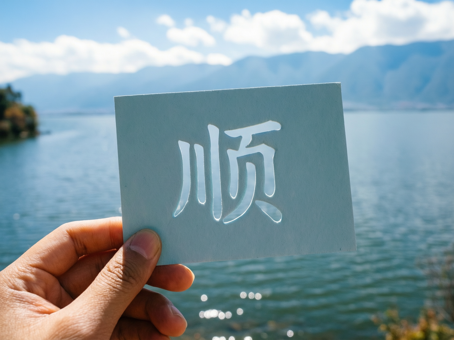 图中展示了一只左手拿着一张浅蓝色卡片的特写镜头。卡片中心镂空刻有一个简体中文汉字“顺”，透过镂空的笔画可以看到背景中波光粼粼的水面。背景是一片开阔的湖泊，远处有连绵起伏的蓝色山脉和白云朵朵的晴空，整体色调明亮清新，给人以宁静顺遂的视觉感受。画面构图将卡片置于中心略偏右的位置，焦点集中在手部和卡片上。

在 AI 生成的细节方面，存在明显的逻辑缺陷：画面左下角持卡的手部结构异常，大拇指的生长位置和角度不符合人体解剖学，且手指的关节纹路显得有些生硬和不自然。此外，卡片虽然被手指捏住，但卡片左下角与手指交叠处的透视关系略显模糊，像是直接漂浮在手指前方。尽管如此，镂空汉字的笔画形状基本准确，传达出了清晰的语义。