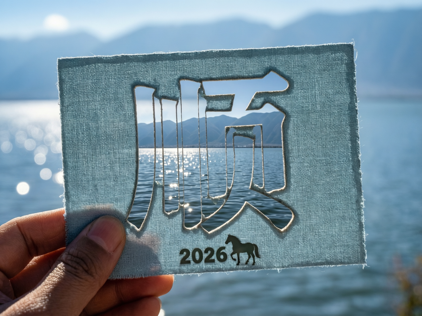 图中展示了一只手拿着一张浅蓝色粗麻布质感的卡片，背景是波光粼粼的湖泊和远处的连绵山脉。卡片中心通过镂空工艺呈现出一个巨大的汉字“顺”，透过镂空处可以看到湖面上闪烁的日光。卡片下方印有黑色的数字“2026”以及一个奔马的剪影。整体色调清新自然，阳光感强烈。

画面中存在明显的 AI 生成缺陷：首先是镂空的汉字“顺”，其笔画结构严重错误，左侧的“川”字部变成了多条杂乱的竖线，右侧部分也扭曲变形，无法组成正确的汉字。其次，卡片下方的年份“2026”与马的剪影在逻辑上存在冲突，因为 2026 年在中国传统生肖中是马年，但画面中的文字与图形排版略显生硬。此外，左下角拿卡片的手指边缘略显模糊，与卡片的接触位置透视关系不够自然。