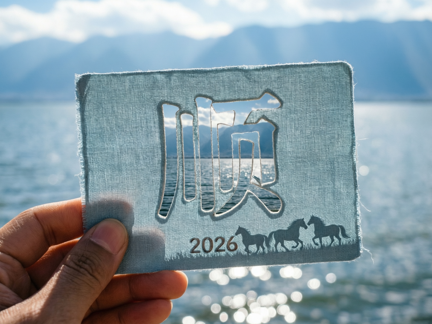 图中展示了一只左手拿着一张浅蓝色亚麻质感的长方形布片，背景是波光粼粼的湖泊和远处的群山。布片中心被精细地镂空出一个汉字“顺”，透过镂空部分可以看到背景中明亮的湖水和山脉。布片的右下角绣有“2026”字样以及三匹奔跑的骏马剪影。整体色调清新，以蓝、白、灰为主，阳光洒在水面上形成闪烁的波光。

画面中存在明显的 AI 生成缺陷：首先，手持布片的手指结构异常，大拇指与食指的连接处显得生硬且比例不协调，指甲形状模糊。其次，布片右下角的马匹剪影存在逻辑错误，最右侧的两匹马身体部分重叠，腿部线条杂乱交织，难以分辨个体。此外，布片边缘的毛边效果在某些地方显得过于规律，且“顺”字的笔画镂空边缘与布料纹理的衔接略显生硬，缺乏真实的物理切割感。