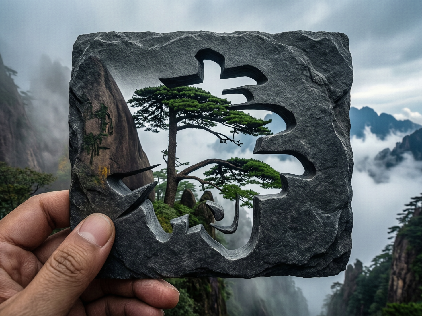 图中展示了一只左手捏着一块方形深灰色石板，背景是云雾缭绕的高山奇峰，整体风格带有浓郁的中国山水画意境。石板中心被镂空刻出了一个复杂的汉字形状，透过这个镂空处，恰好可以看到远处山崖上生长的一棵翠绿苍劲的松树。石板的质感粗糙且真实，边缘有自然的岩石断裂纹理。背景中的远山在浓雾中若隐若现，冷色调的蓝灰色天空与松树的鲜绿色形成对比。

然而，画面中存在明显的 AI 生成缺陷：首先，左下角的手部结构异常，大拇指的比例过大，且下方的指关节连接处显得扭曲、不自然，手指的数量和排列逻辑模糊。其次，石板中心镂空的汉字并非真实的文字，而是由杂乱的笔画组合而成的「伪汉字」，缺乏实际意义。此外，镂空边缘的透视关系与背景松树的衔接过于生硬，石板左侧边缘还出现了一小块莫名其妙的重叠山体影像，违背了物理遮挡逻辑。