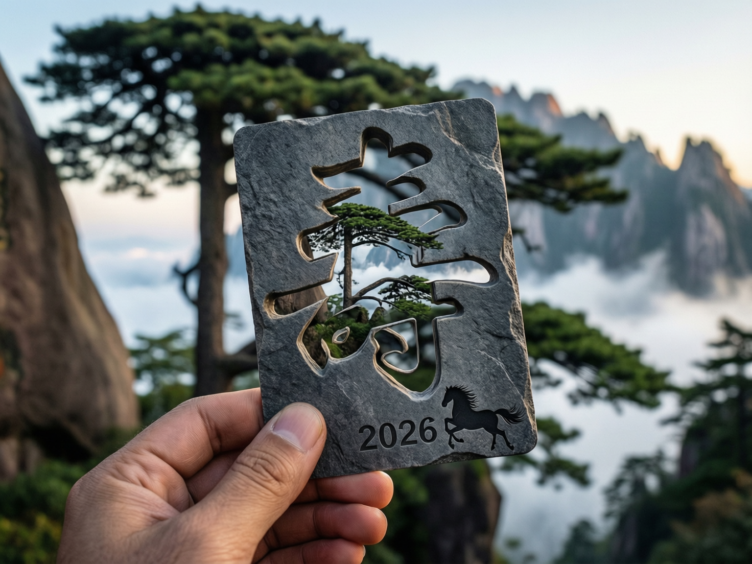画面中，一只左手在镜头前方捏着一块灰色石板。石板中心被镂空刻出了一个复杂的汉字，看起来像是“寿”字的变体，透过镂空处可以看到背景中挺拔的迎客松。背景是壮丽的山岳景观，云雾缭绕，山峰陡峭，呈现出黄山般的意境。石板右下方刻有数字“2026”和一匹奔马的剪影。整体色调偏冷，光线柔和，构图采用了前景虚实结合的手法。

画面中存在明显的 AI 生成缺陷：首先，手部建模异常，大拇指的指甲形状不自然，且手指与石板接触的受力点显得生硬。其次，石板上的汉字并非标准字体，笔画结构存在逻辑错误，无法准确辨认。最明显的错误在于石板右下角的马匹剪影，马的后腿与尾部连接处结构混乱，且马蹄的形状模糊不清。此外，石板边缘的纹理与背景树木的透视衔接略显违和，缺乏真实的物理遮挡感。
