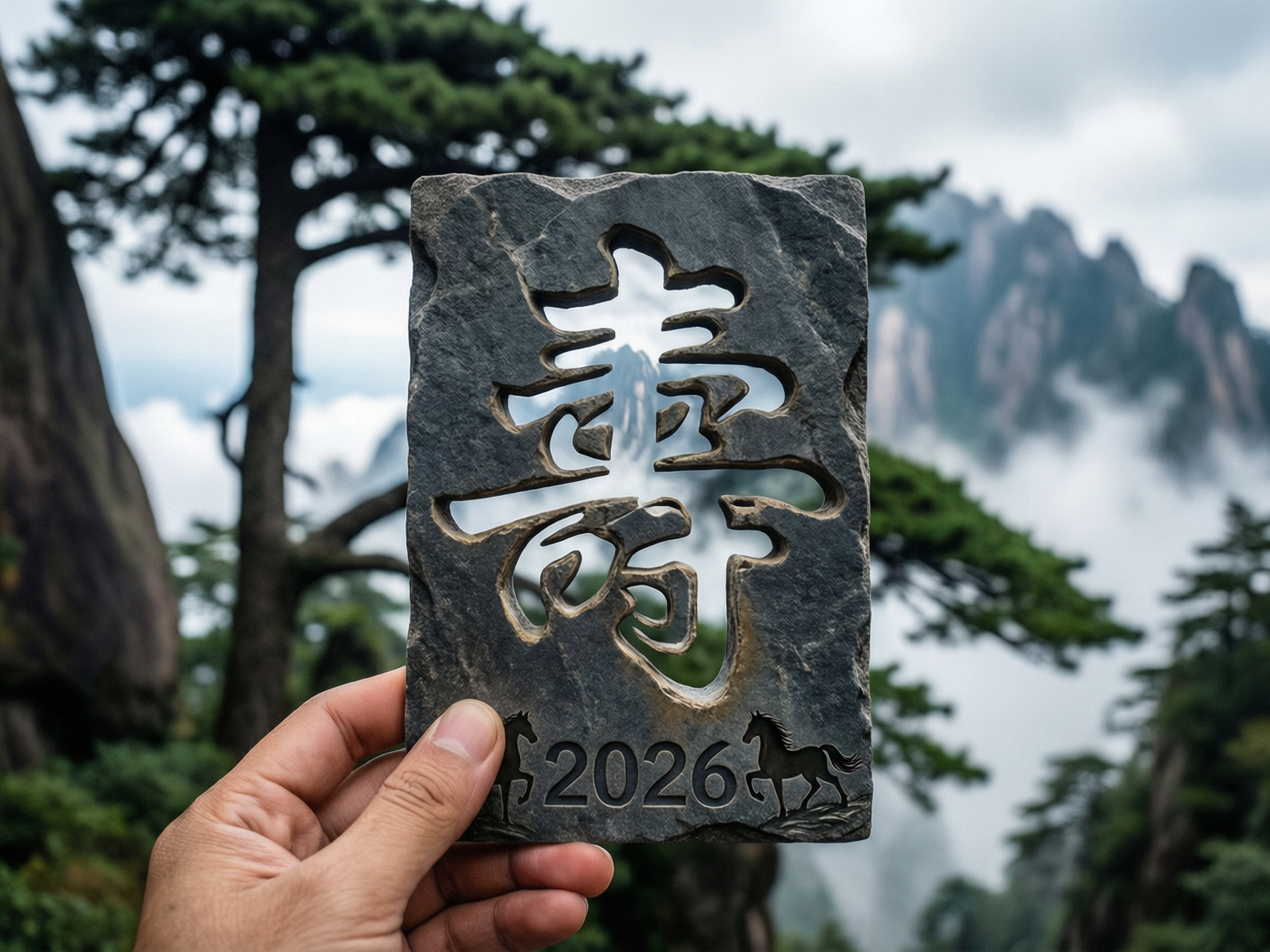 图中展示了一只左手拿着一块深灰色石板，背景是云雾缭绕的山峰和苍劲的松树，呈现出一种中国画般的意境。石板中心有一个巨大的镂空汉字，其形状介于“泰”与“寿”之间，透过镂空可以看到远处的山峦。石板底部刻有数字“2026”，两侧各有一匹马的浮雕。画面色调以灰、绿、白为主，构图采用了前景实景与背景虚化相结合的方式。

在 AI 生成的细节方面，存在明显的逻辑缺陷：首先，石板中心的镂空汉字并非标准汉字，笔画结构混乱且不连贯，属于典型的 AI 字体生成错误。其次，画面左下角的手部细节异常，大拇指的指甲形状不自然，且手指与石板接触的受力感显得生硬。此外，石板底部的马匹浮雕线条略显模糊，与石材纹理的融合不够自然，整体透视关系在镂空处略显平面化。