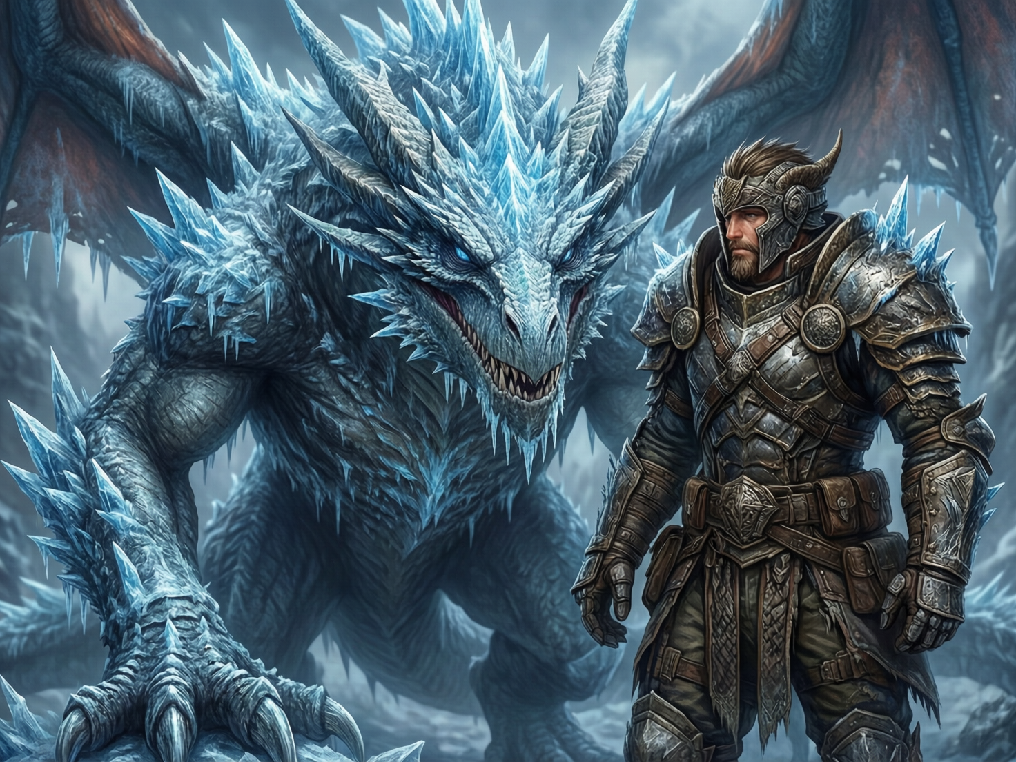 画面中展现了一幅充满奇幻色彩的场景，一位身披重甲的战士与一只巨大的冰霜巨龙并肩而立。巨龙占据了画面左侧的大部分空间，全身覆盖着灰蓝色的鳞片，背部和头部生长着晶莹剔透、锋利如刃的蓝色冰晶，双眼散发着幽冷的蓝光。右侧的战士面容刚毅，蓄着胡须，穿着纹路复杂的银灰色金属盔甲，头戴饰有犄角的头盔。背景是模糊的雪山荒野，色调以冷峻的蓝、灰、白为主。在 AI 生成的细节方面，存在一些明显的逻辑缺陷：战士右手的手指结构模糊且数量异常，呈现出扭曲的团状；巨龙左侧翅膀的骨架与身体的连接处透视关系混乱，显得不够自然；此外，战士腰间的皮带与盔甲边缘的衔接处出现了纹理重叠和结构断层，这些都是典型的 AI 算法在处理复杂重叠物体时的瑕疵。