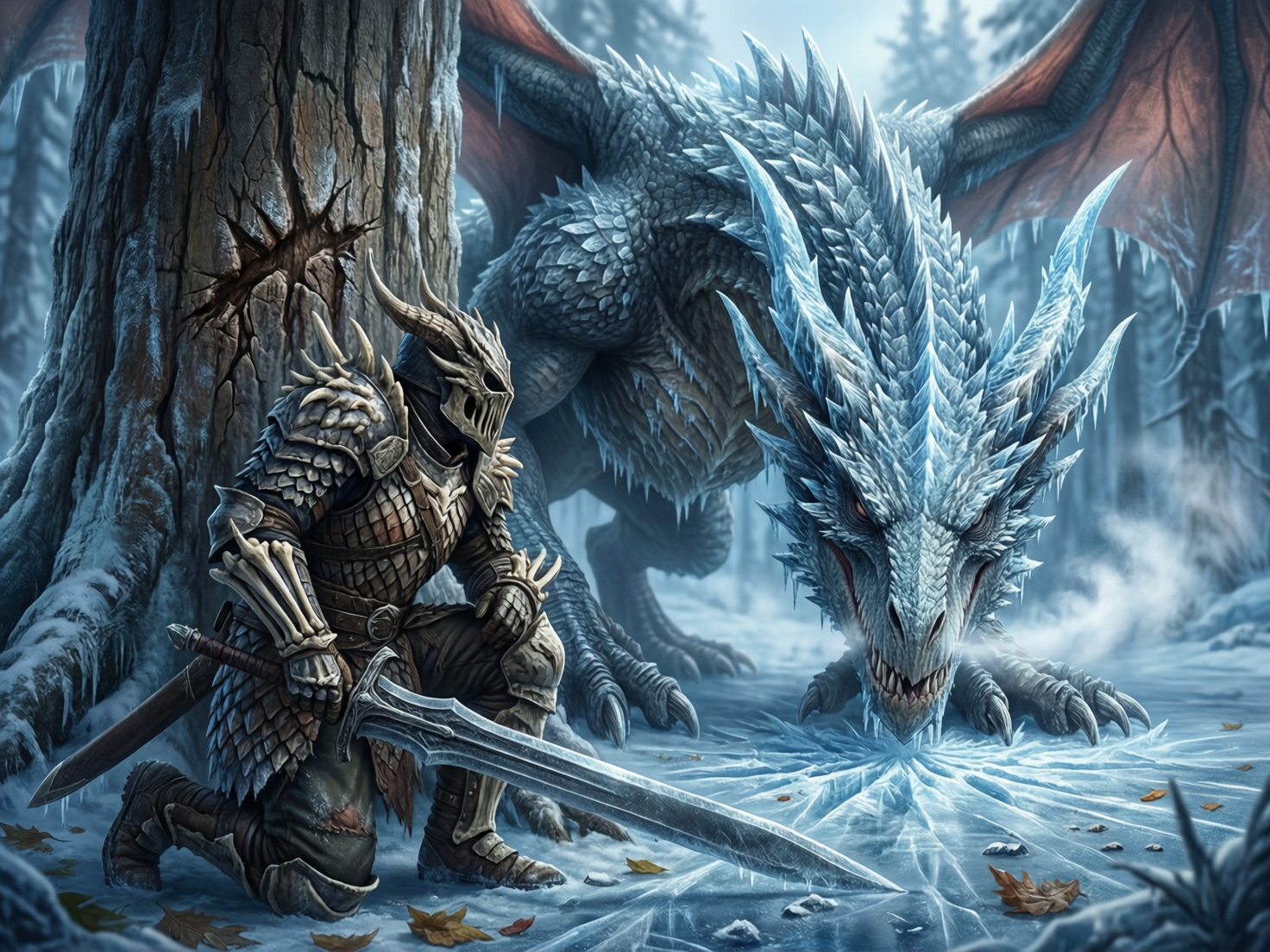 图中展现了一个充满奇幻色彩的冰雪森林场景。画面左侧，一名身披厚重骨质铠甲、头戴尖角头盔的战士正单膝跪在一棵巨大的古树旁，他双手拄着一把宽大的银色长剑，剑尖抵在结冰的地面上。画面右侧是一头巨大的冰霜巨龙，它通体覆盖着淡蓝色的鳞片和如冰晶般的尖刺，正低头向战士靠近，口中呼出寒气。背景是覆盖着积雪和冰霜的针叶林，整体色调以冷蓝色、白色和深灰色为主，营造出一种肃杀而神秘的氛围。

在 AI 生成的细节方面，画面存在一些明显的逻辑缺陷：战士拄着的长剑剑刃与冰面的接触点位置显得生硬，且剑身线条略有扭曲；巨龙的后爪与地面的接触透视不够自然，显得有些漂浮；此外，战士左侧腰间挂着的另一把剑鞘位置与身体结构连接模糊，铠甲上的骨刺纹理在局部也出现了不规则的重叠和断裂。