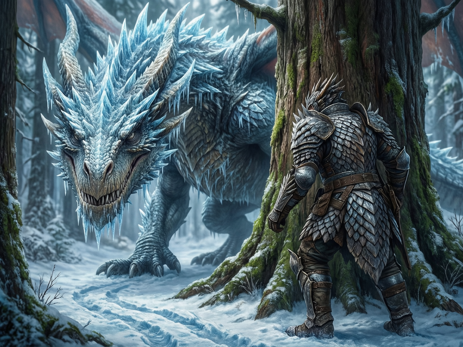 图中展现了一个充满奇幻色彩的冰雪森林场景。画面左侧是一头巨大的冰霜巨龙，它全身覆盖着淡蓝色和白色的鳞片，背部和下颚长满了晶莹剔透的冰刺，眼神犀利地注视着前方。画面右侧站着一位背对观众的战士，他穿着厚重的银灰色龙鳞铠甲，正躲在一棵粗壮的、长满苔藓的古树后观察巨龙。背景是白雪皑皑的针叶林，整体色调以冷蓝色、白色和深棕色为主，营造出一种紧张而寒冷的氛围。在 AI 生成的细节方面，存在一些明显的逻辑缺陷：巨龙右侧的翅膀结构模糊，似乎直接从树干后方穿出，与身体的连接处透视异常；战士右手抓握树干的姿势略显僵硬，手指与树皮的融合不够自然；此外，画面最右侧背景中出现的红色翼状物体与整体环境缺乏连贯性，显得较为突兀。