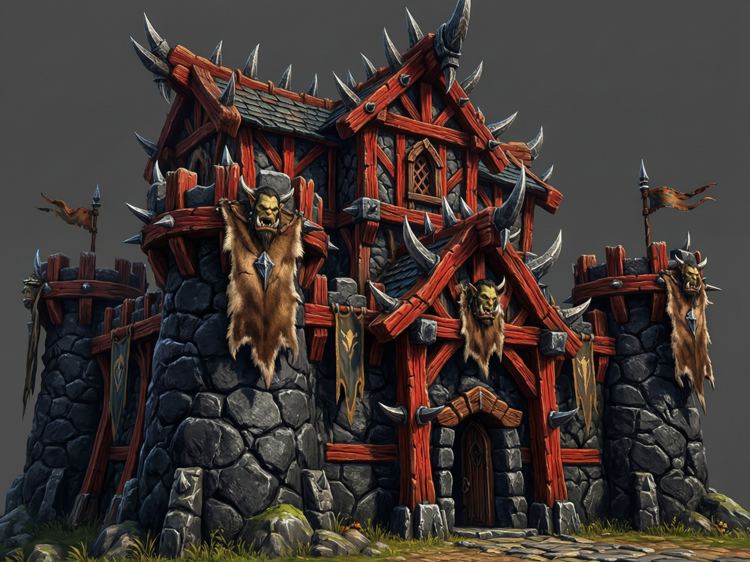 图中展示了一座具有浓郁奇幻风格的兽人要塞建筑，背景为纯净的深灰色。这座建筑由粗犷的深灰色乱石砌成墙基，上方搭建着鲜红色的厚重木质框架。建筑风格极其硬朗，屋顶和墙体边缘布满了巨大的白色尖刺和獠牙装饰，展现出一种侵略性的美感。正面和两侧的塔楼上悬挂着带有兽人头像的棕色毛皮装饰，以及绘有金色图腾的深蓝色旗帜。

在 AI 生成的细节方面，存在一些明显的逻辑缺陷：首先，建筑顶部的木梁与尖刺衔接处显得杂乱，部分尖刺像是凭空漂浮或生硬地穿插在木头中，缺乏合理的建筑支撑结构。其次，左侧塔楼上方的旗帜与旗杆连接处模糊不清，且旗帜的飘动方向与右侧不完全一致。此外，大门上方的石质拱门纹理分布不均，部分石块的透视关系略显扭曲，与整体厚重的写实风格略有脱节。