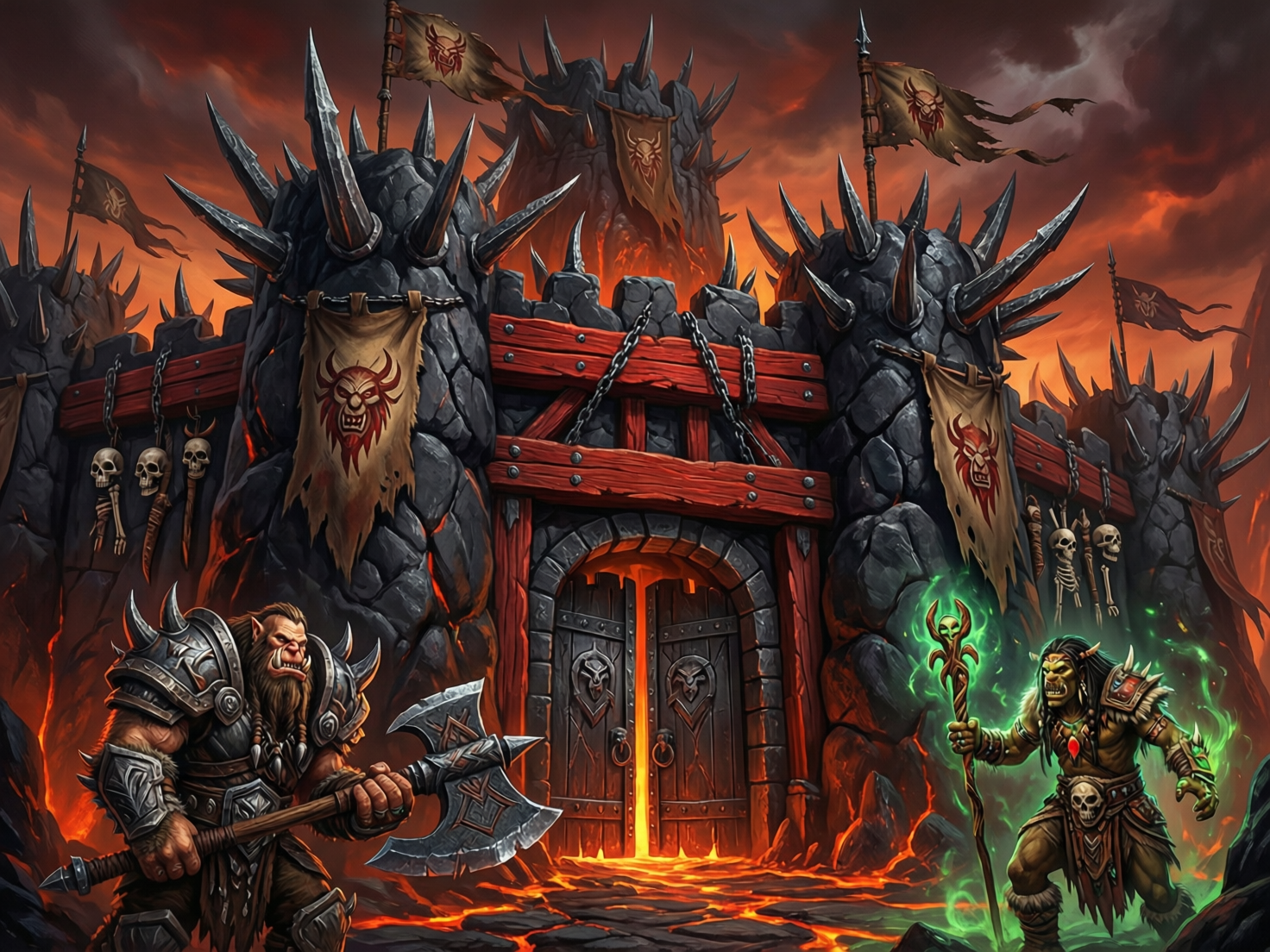 图中展示了一个充满奇幻色彩的兽人要塞场景。画面中心是一座由黑色巨石、红色木梁和锋利尖刺构成的宏伟城门，门缝中透出炽热的橙红色岩浆光芒。城墙上挂着印有红色兽人头像的破旧旗帜，并装饰着成排的骷髅头，整体色调以深灰、火红和暗橘色为主，营造出一种压抑且凶险的战争氛围。

画面前景有两名兽人守卫：左侧是一名身披厚重金属铠甲、手持巨大战斧的战士，面容狰狞；右侧是一名绿皮肤的萨满或术士，手持散发着幽绿色光芒的骷髅法杖。背景的天空被火光映照成暗红色，充满了硝烟感。

作为 AI 生成的图片，画面存在几处明显的逻辑缺陷：左侧战士手握斧柄的方式不符合物理力学，手指与木柄的融合显得生硬；右侧术士右手虎口处的法杖位置偏移，且其左手手指数量和关节结构模糊不清；城墙上的铁链连接处缺乏合理的固定逻辑，部分尖刺的透视角度与建筑主体略有脱节。
